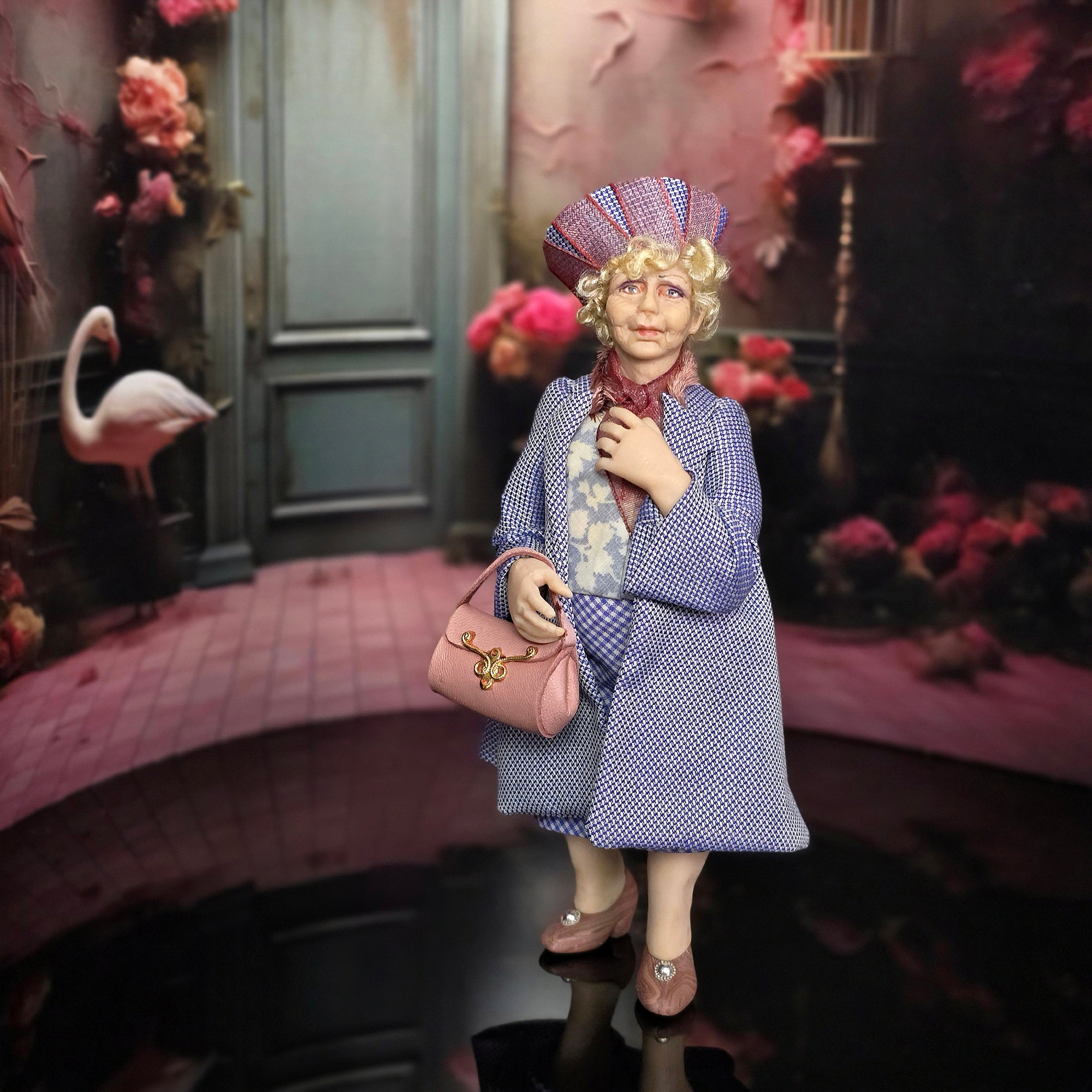 Mature Blonde Shopping Lady by David Carrington Clay Dollhouse Doll