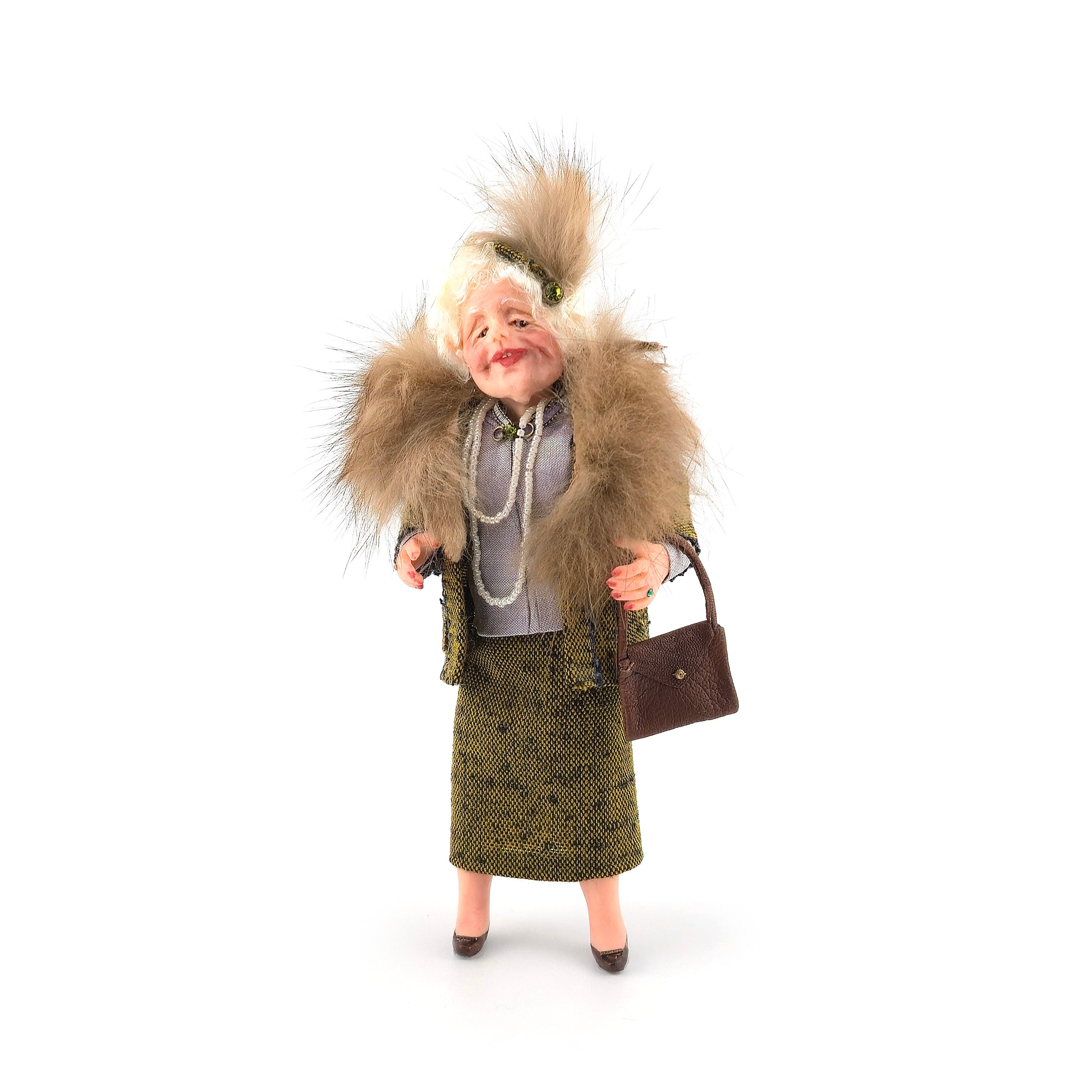 1920s High Society Lady Dollhouse Doll by Carol Bull "Bags of Character" Silk & Faux Fur