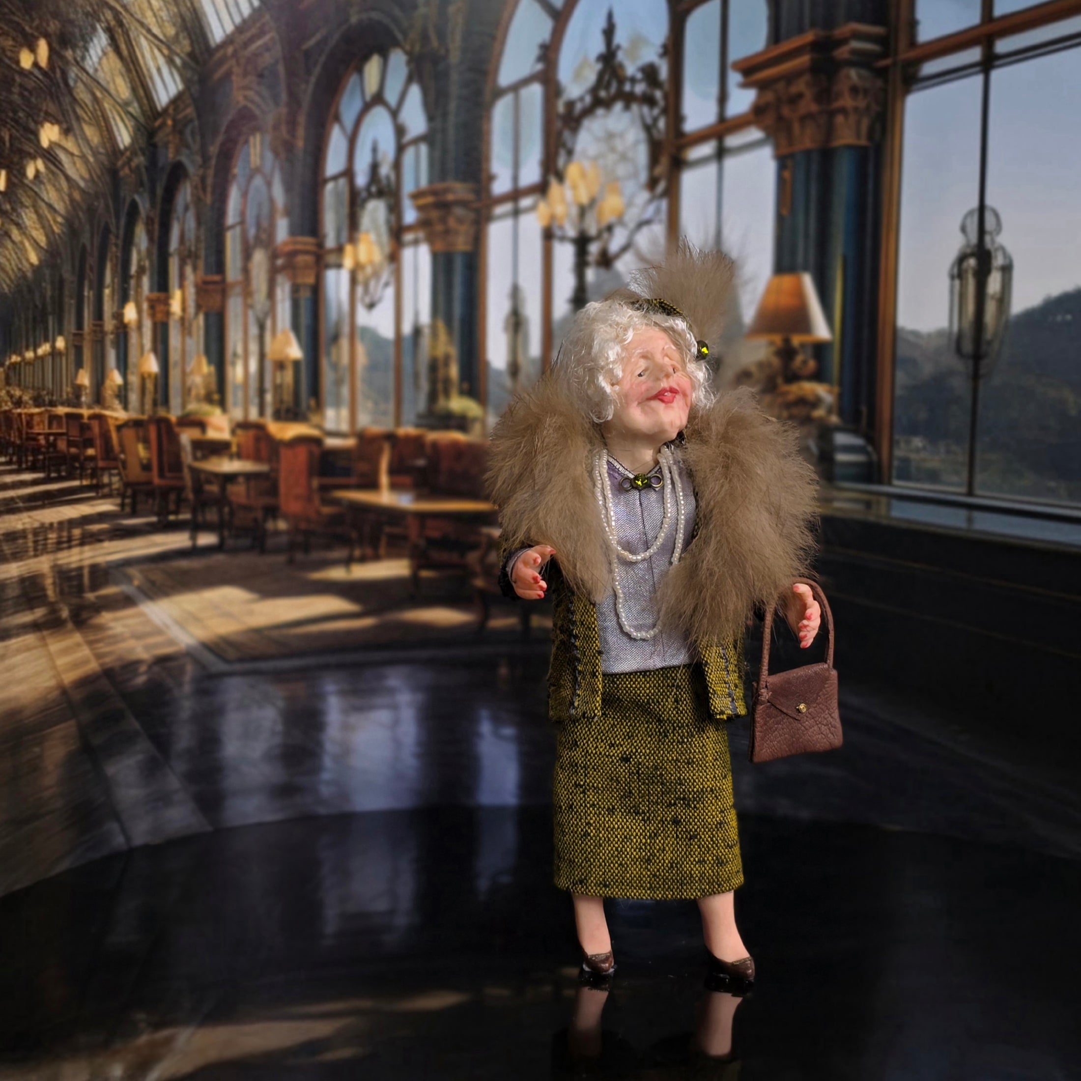 1920s High Society Lady Dollhouse Doll by Carol Bull "Bags of Character" Silk & Faux Fur