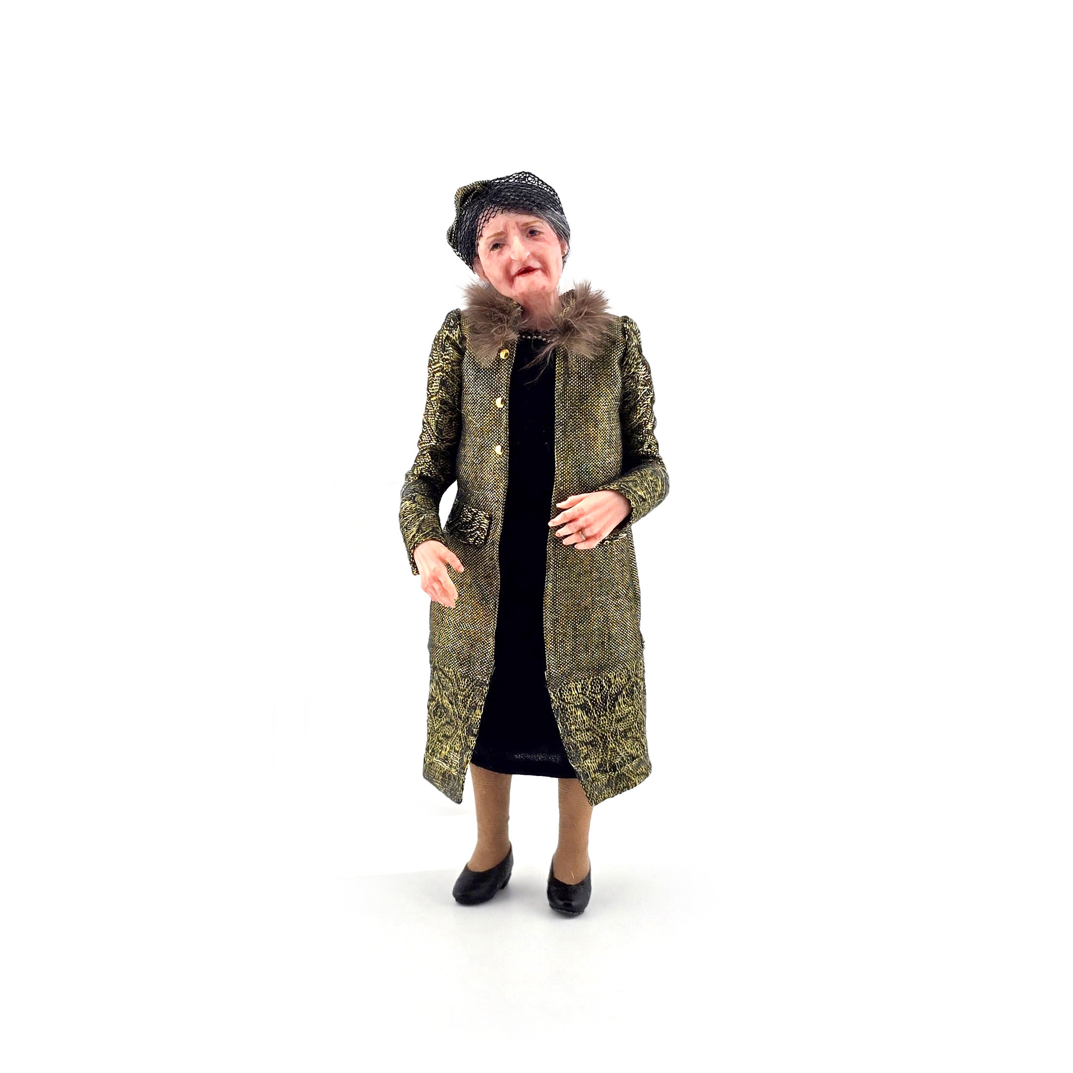 Judith Laird Elegant Society Lady Older Dollhouse Doll in Silk, Sculpted Clay