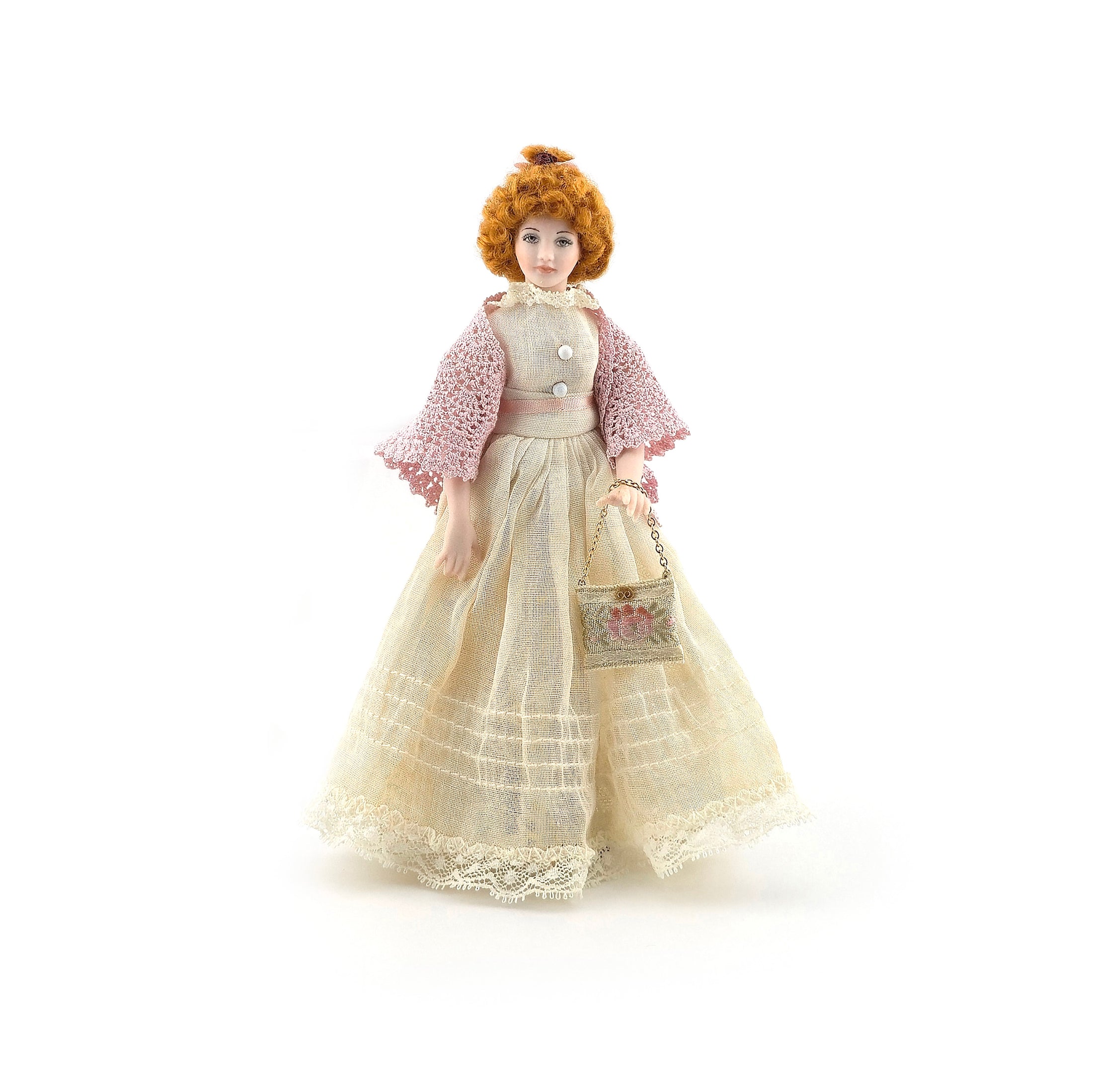 Red Haired Edwardian Lady Porcelain Doll Antique Lace Batiste Gown & Pink Shawl