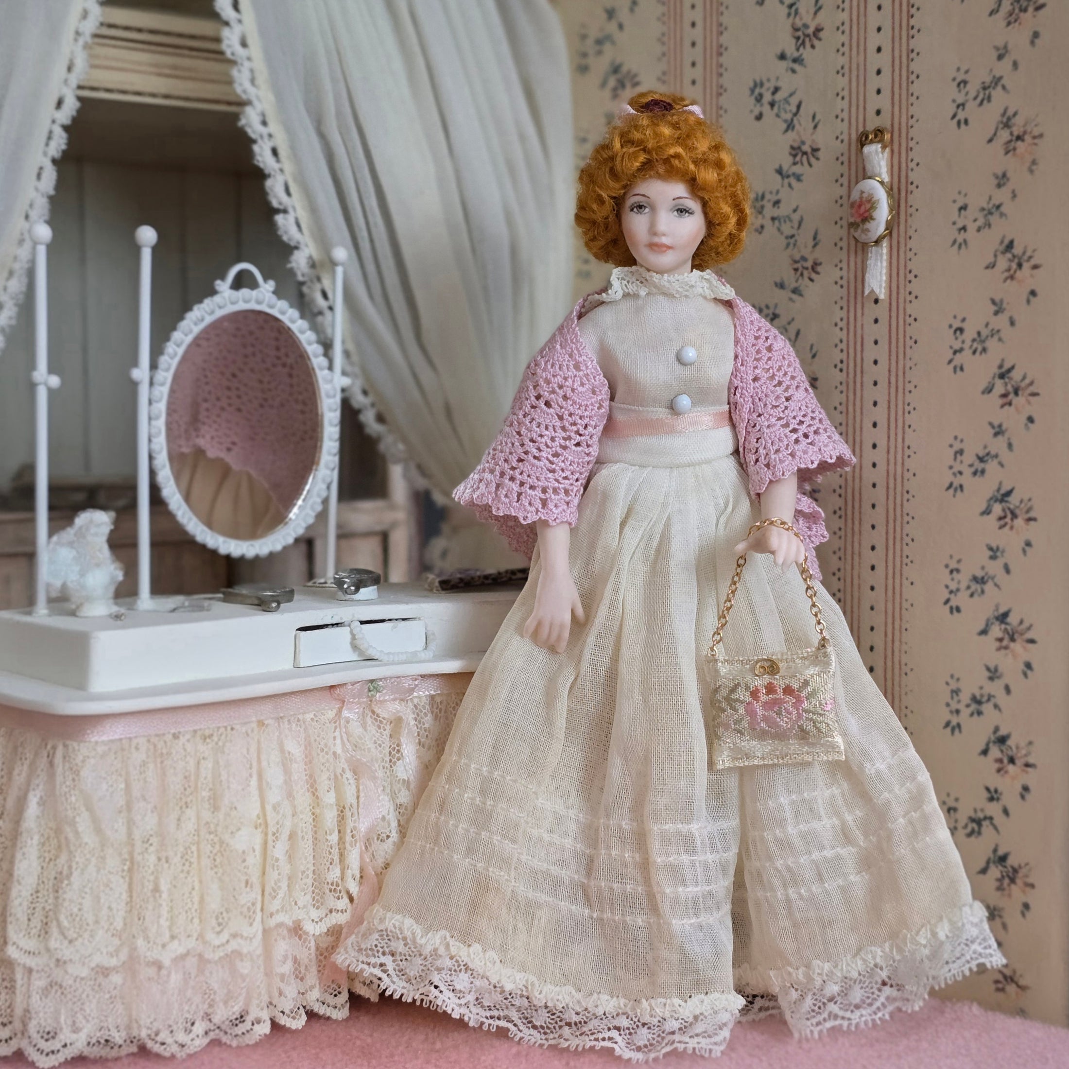 Red Haired Edwardian Lady Porcelain Doll Antique Lace Batiste Gown & Pink Shawl