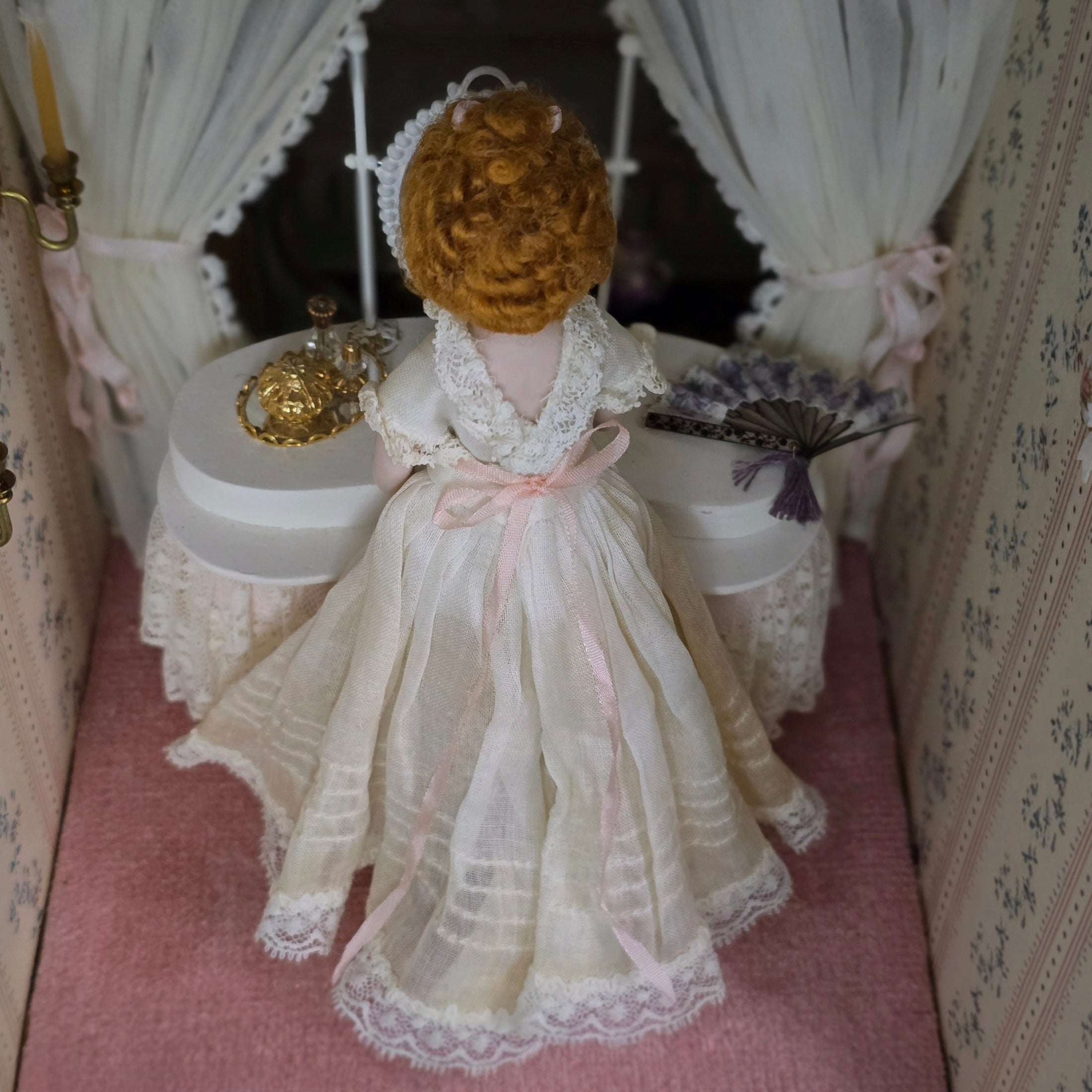 Red Haired Edwardian Lady Porcelain Doll Antique Lace Batiste Gown & Pink Shawl