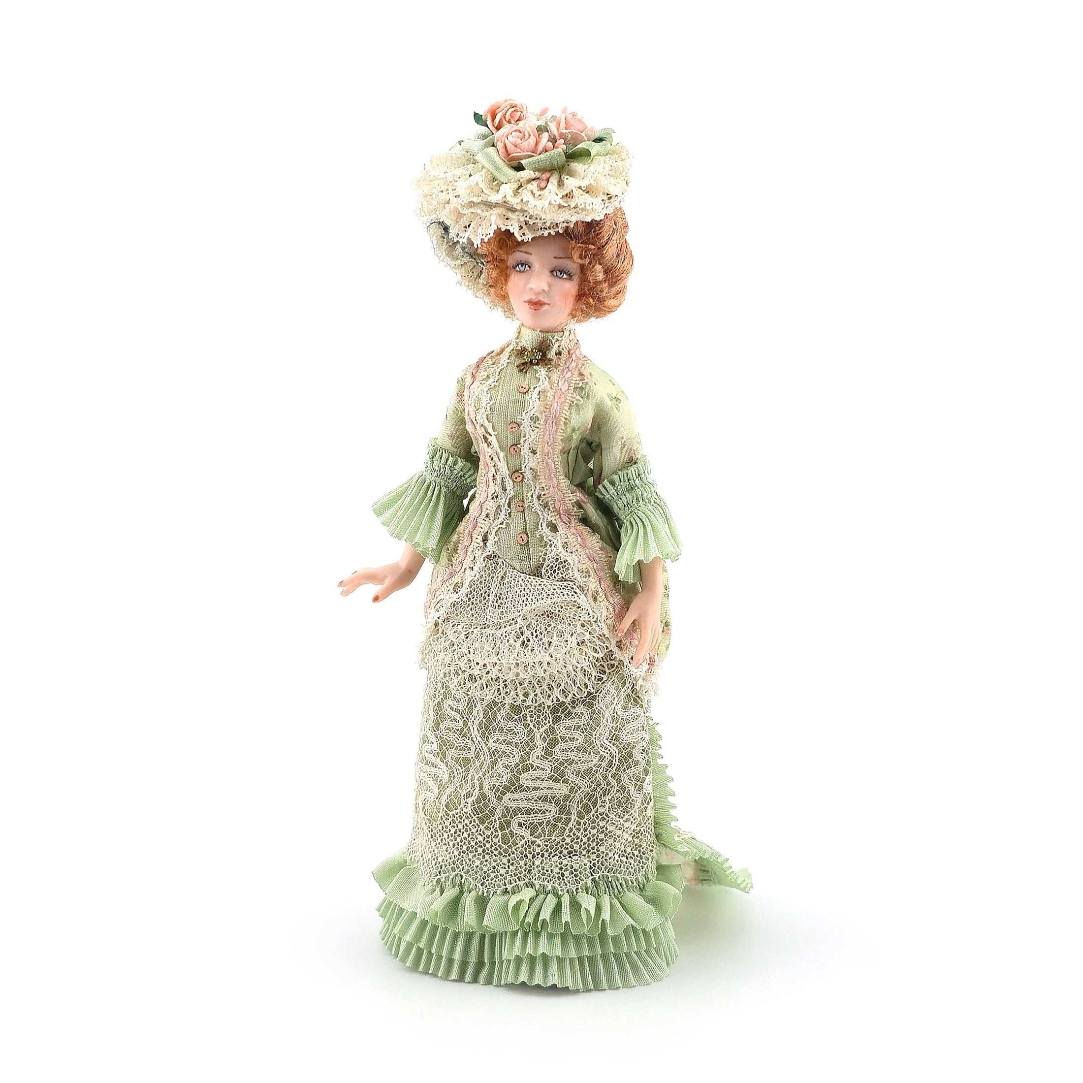Loretta Kasza Victorian Green Silk Afternoon Garden Gown Lady Porcelain Dollhouse Doll
