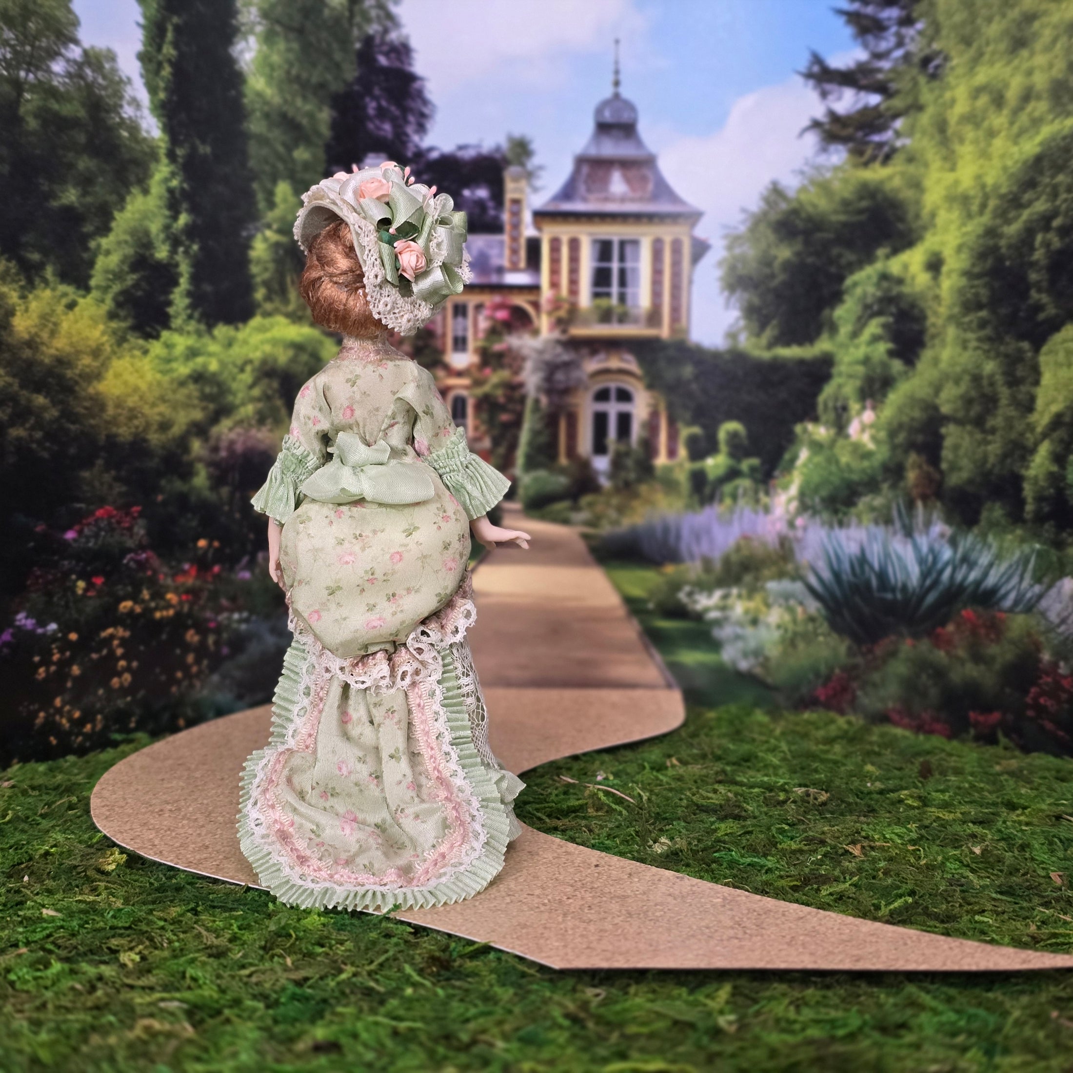 Loretta Kasza Victorian Green Silk Afternoon Garden Gown Lady Porcelain Dollhouse Doll