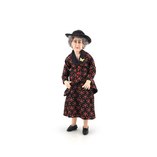 Elderly Lady in Black & Red Silk Dress Doll Artisan Hand Sculpted Clay Dollhouse Doll