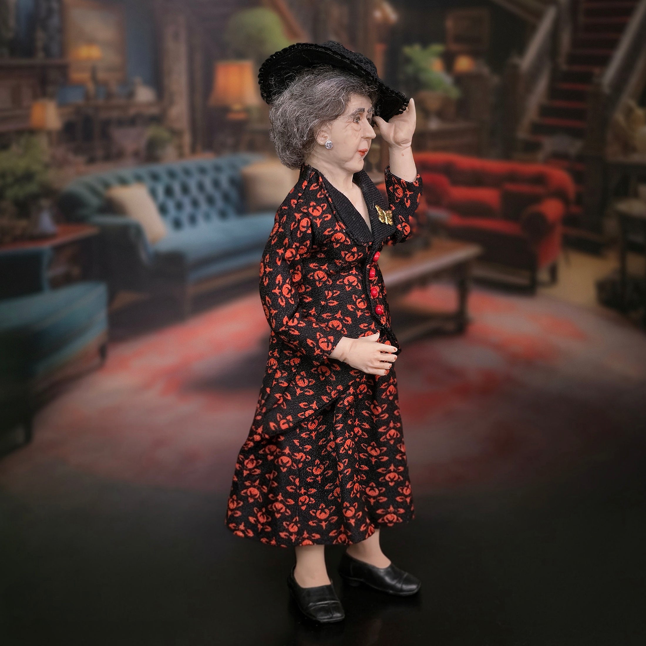 Elderly Lady in Black & Red Silk Dress Doll Artisan Hand Sculpted Clay Dollhouse Doll