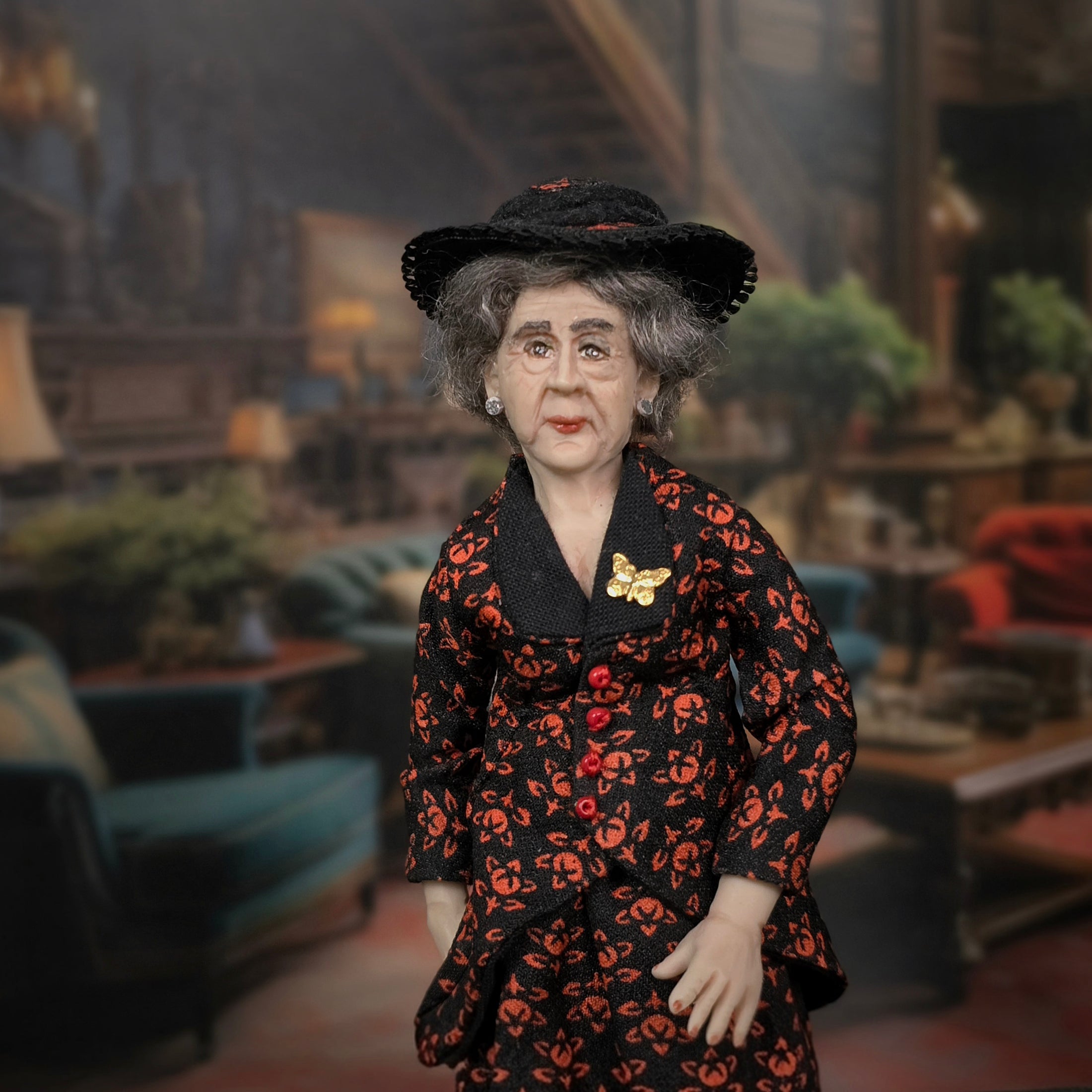 Elderly Lady in Black & Red Silk Dress Doll Artisan Hand Sculpted Clay Dollhouse Doll