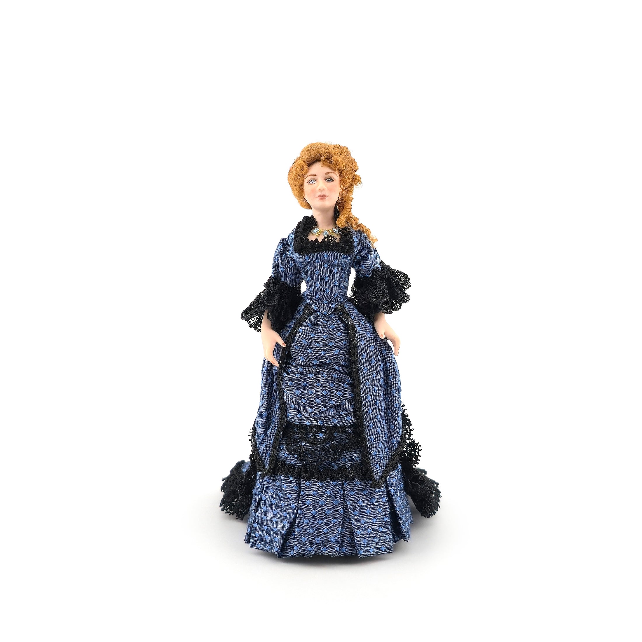 Loretta Kasza Victorian Lady Dollhouse Doll in Blue Silk Gown Black Lace, Porcelain