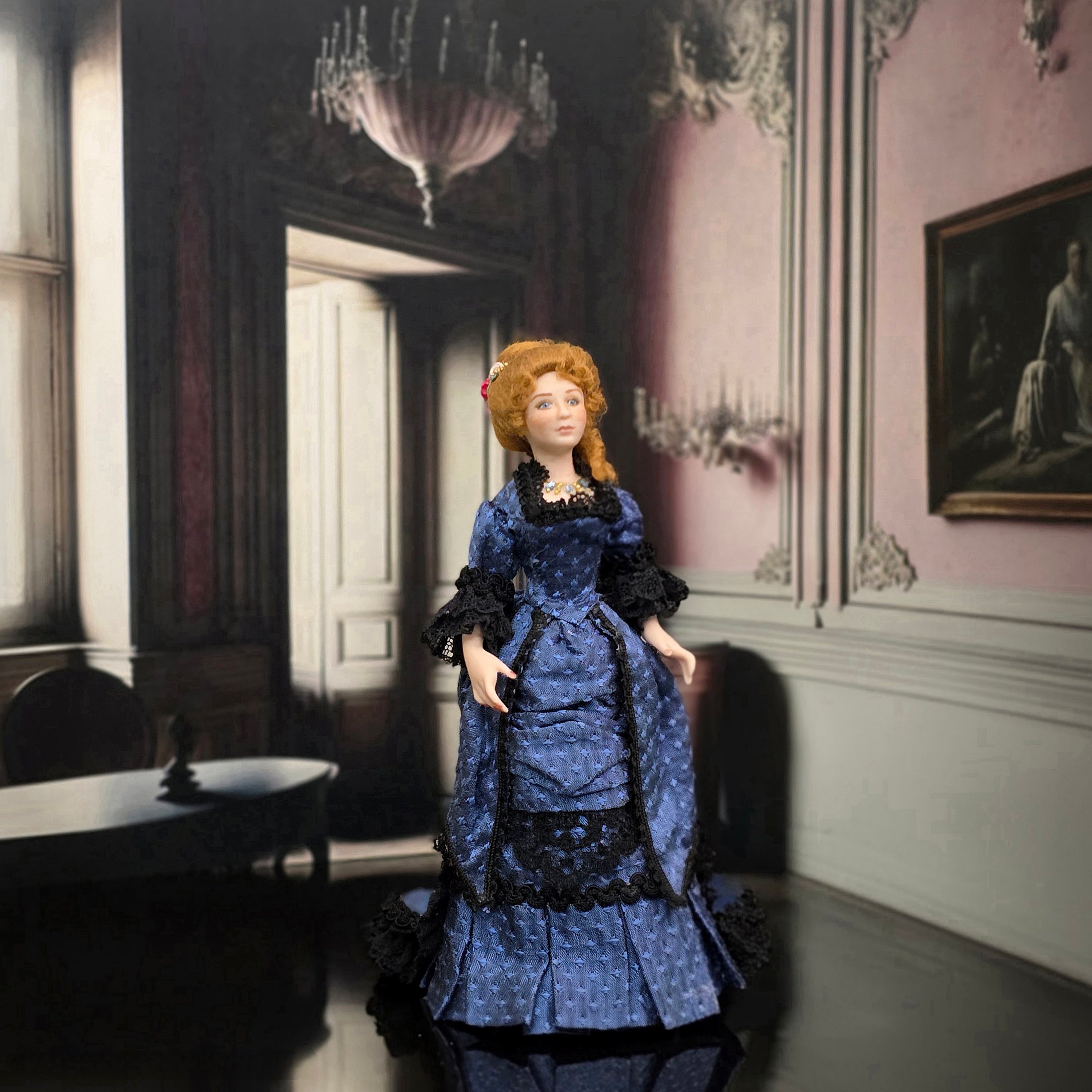 Loretta Kasza Victorian Lady Dollhouse Doll in Blue Silk Gown Black Lace, Porcelain
