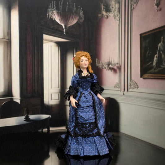 Loretta Kasza Victorian Lady Dollhouse Doll in Blue Silk Gown Black Lace, Porcelain