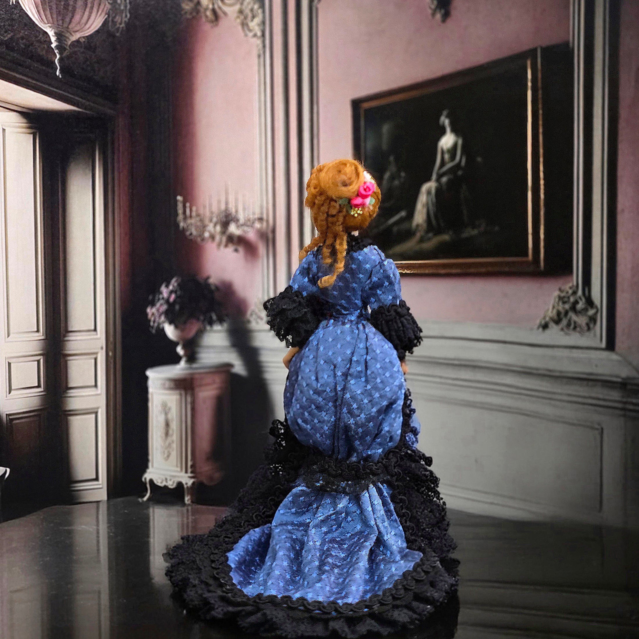 Loretta Kasza Victorian Lady Dollhouse Doll in Blue Silk Gown Black Lace, Porcelain