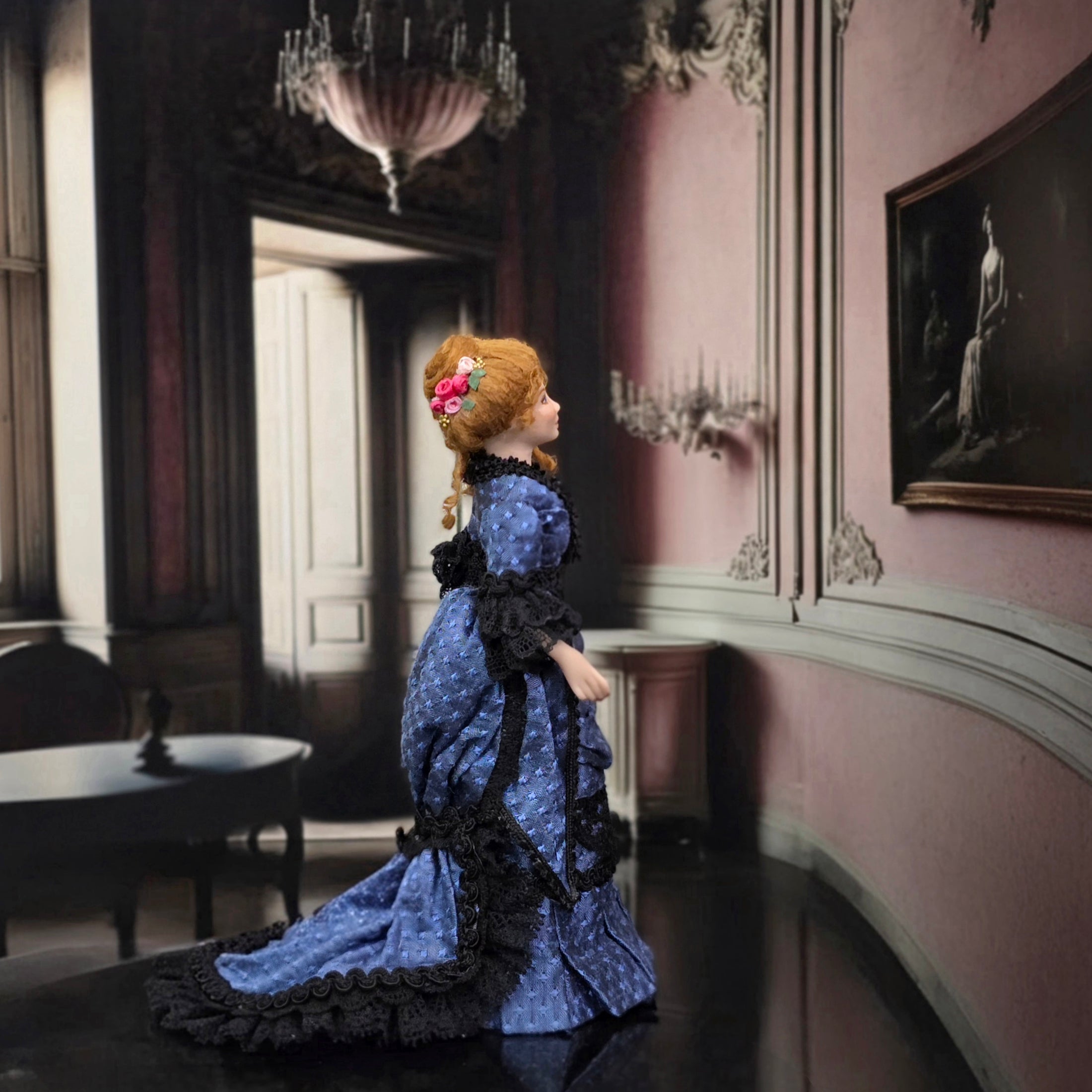 Loretta Kasza Victorian Lady Dollhouse Doll in Blue Silk Gown Black Lace, Porcelain