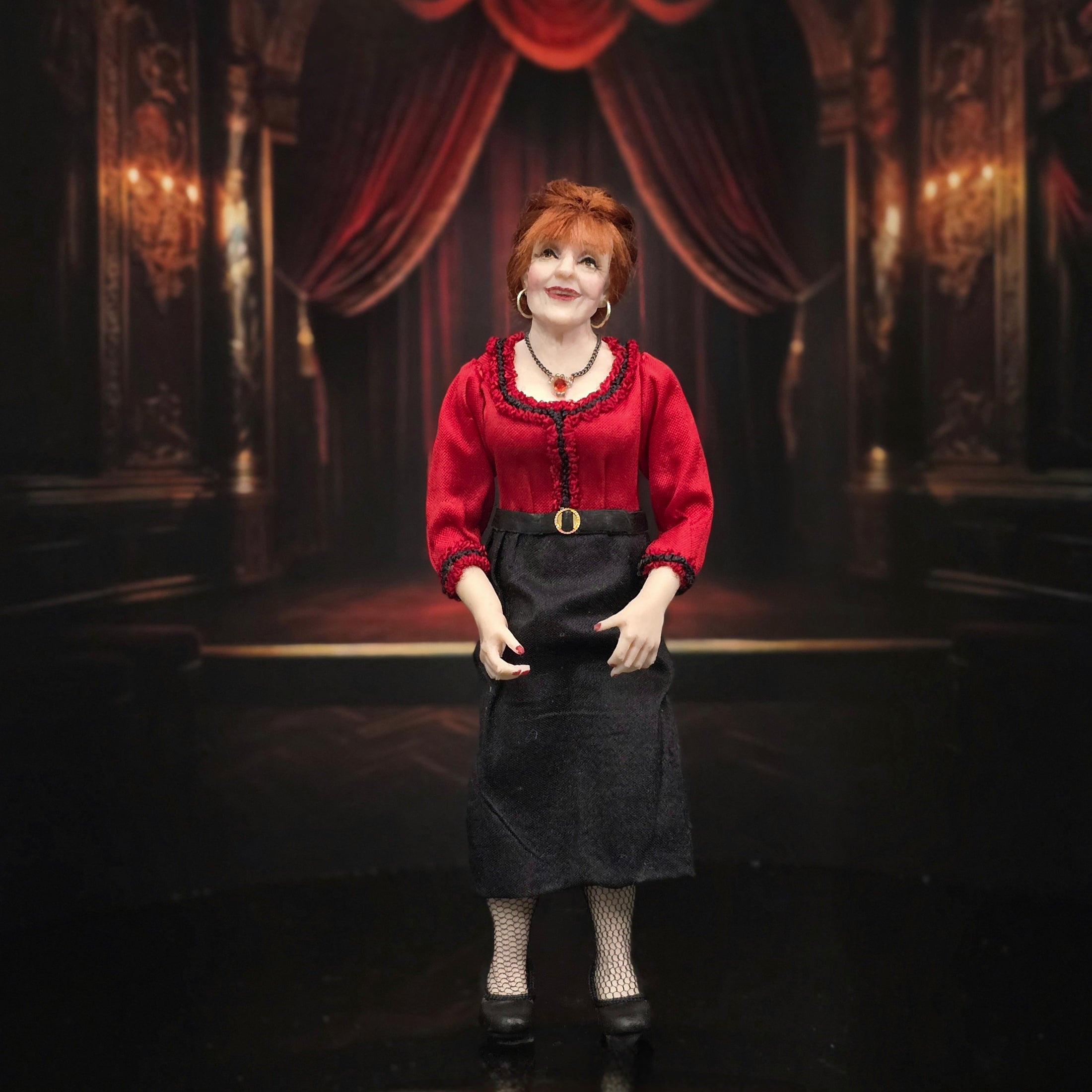 Julie Campbell Mature Redhead Lady Dollhouse Doll in Red & Black Ensemble, Poseable