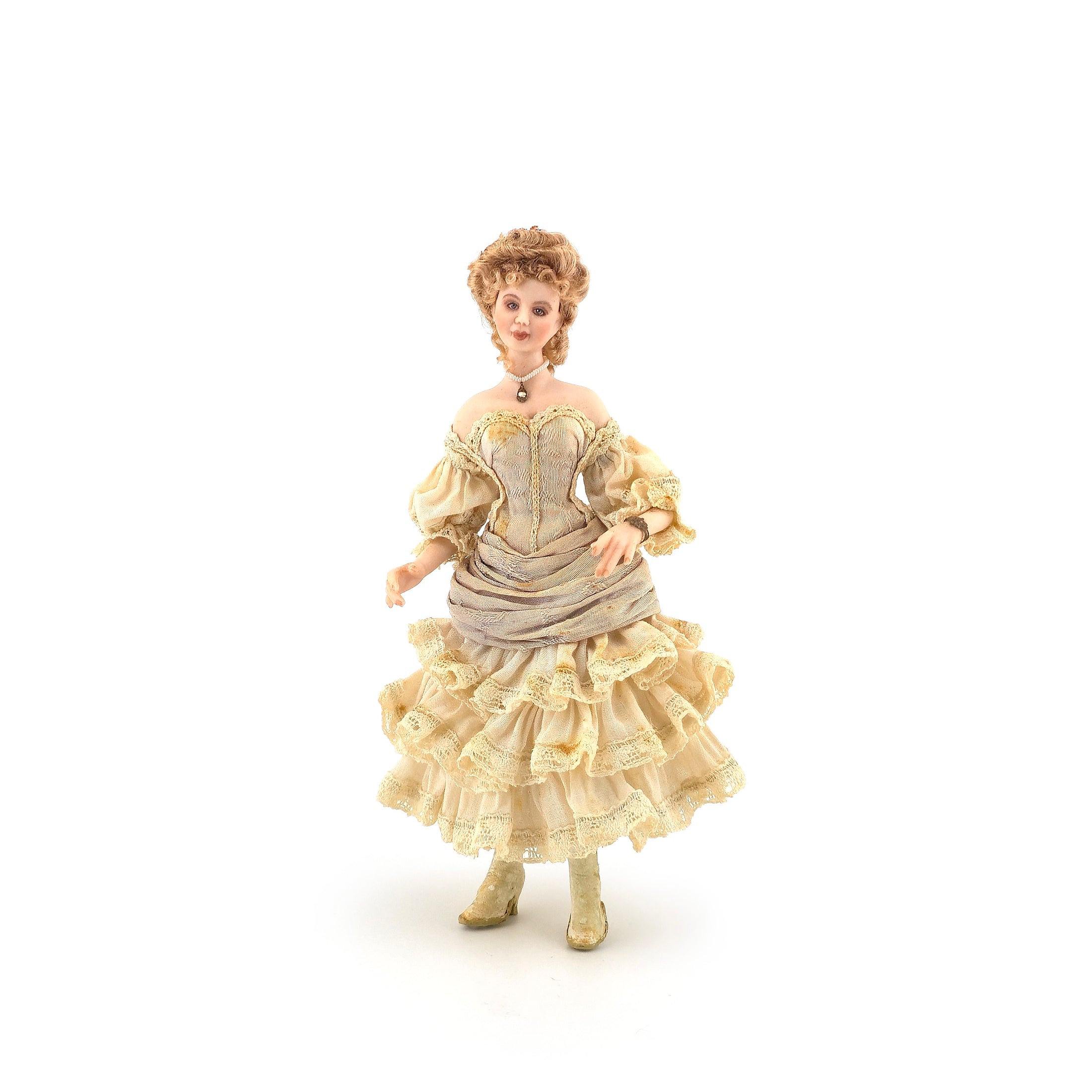 Beautiful Victorian Saloon Lady Porcelain Dollhouse Doll Lavender & Ivory