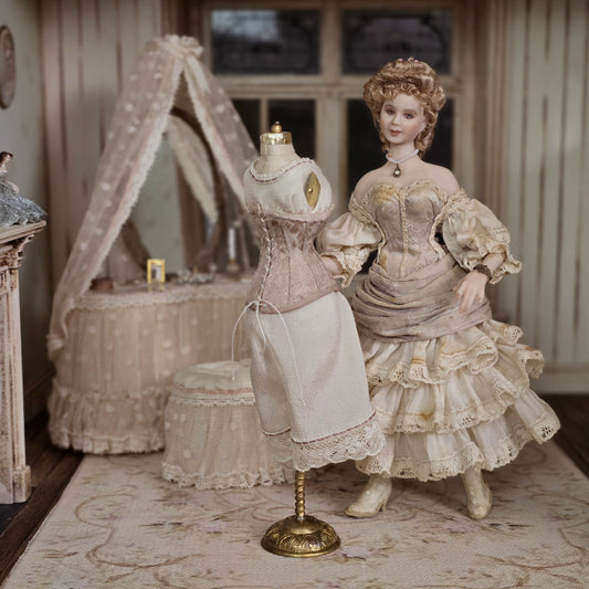 Beautiful Victorian Saloon Lady Porcelain Dollhouse Doll Lavender & Ivory