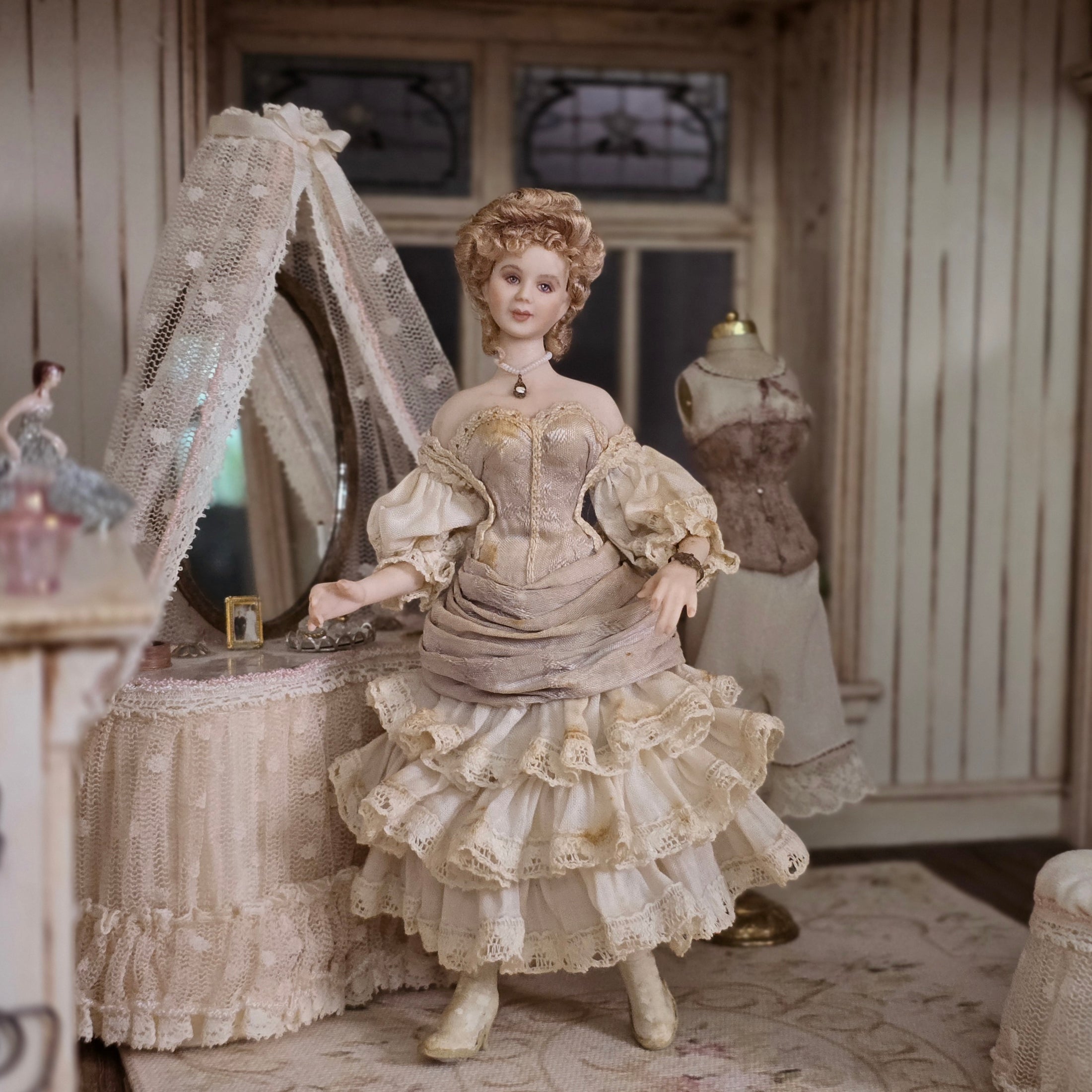 Beautiful Victorian Saloon Lady Porcelain Dollhouse Doll Lavender & Ivory