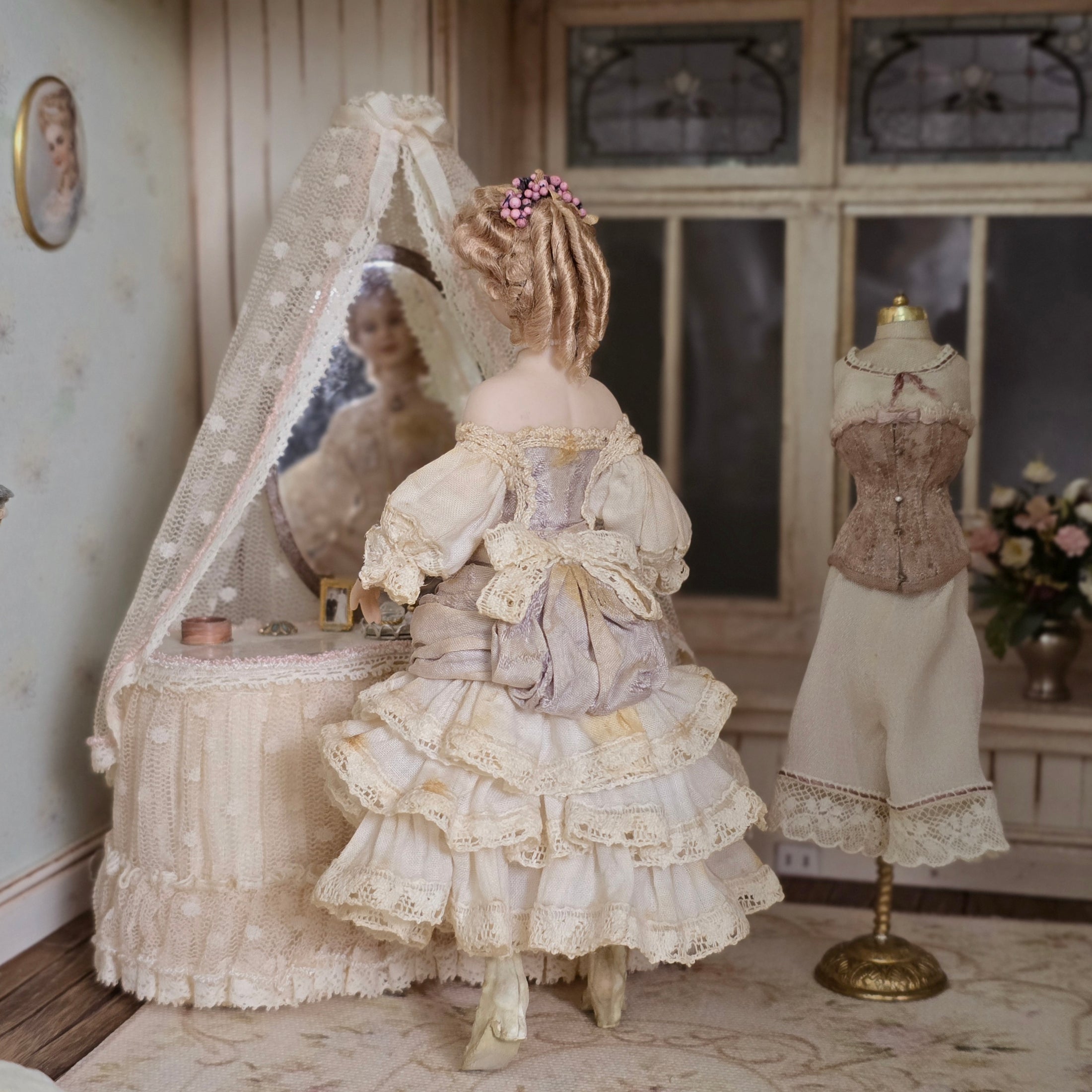 Beautiful Victorian Saloon Lady Porcelain Dollhouse Doll Lavender & Ivory