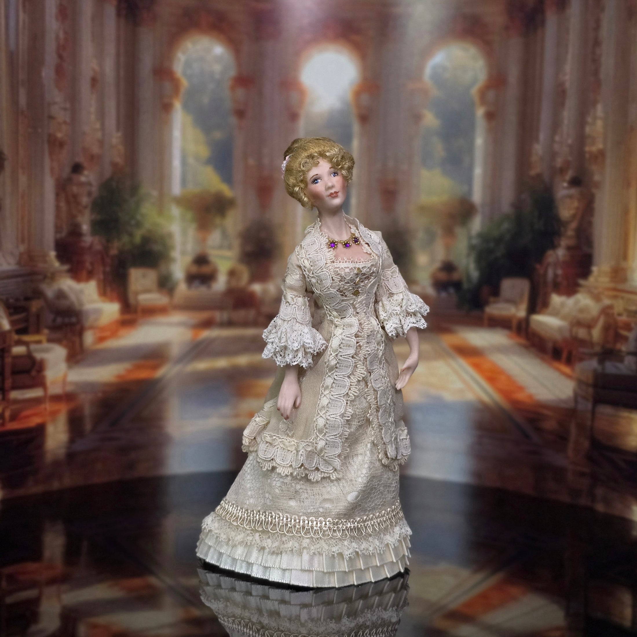 Loretta Kasza Blonde Victorian Lady Doll in Ivory Silk & Lace Gown Doll
