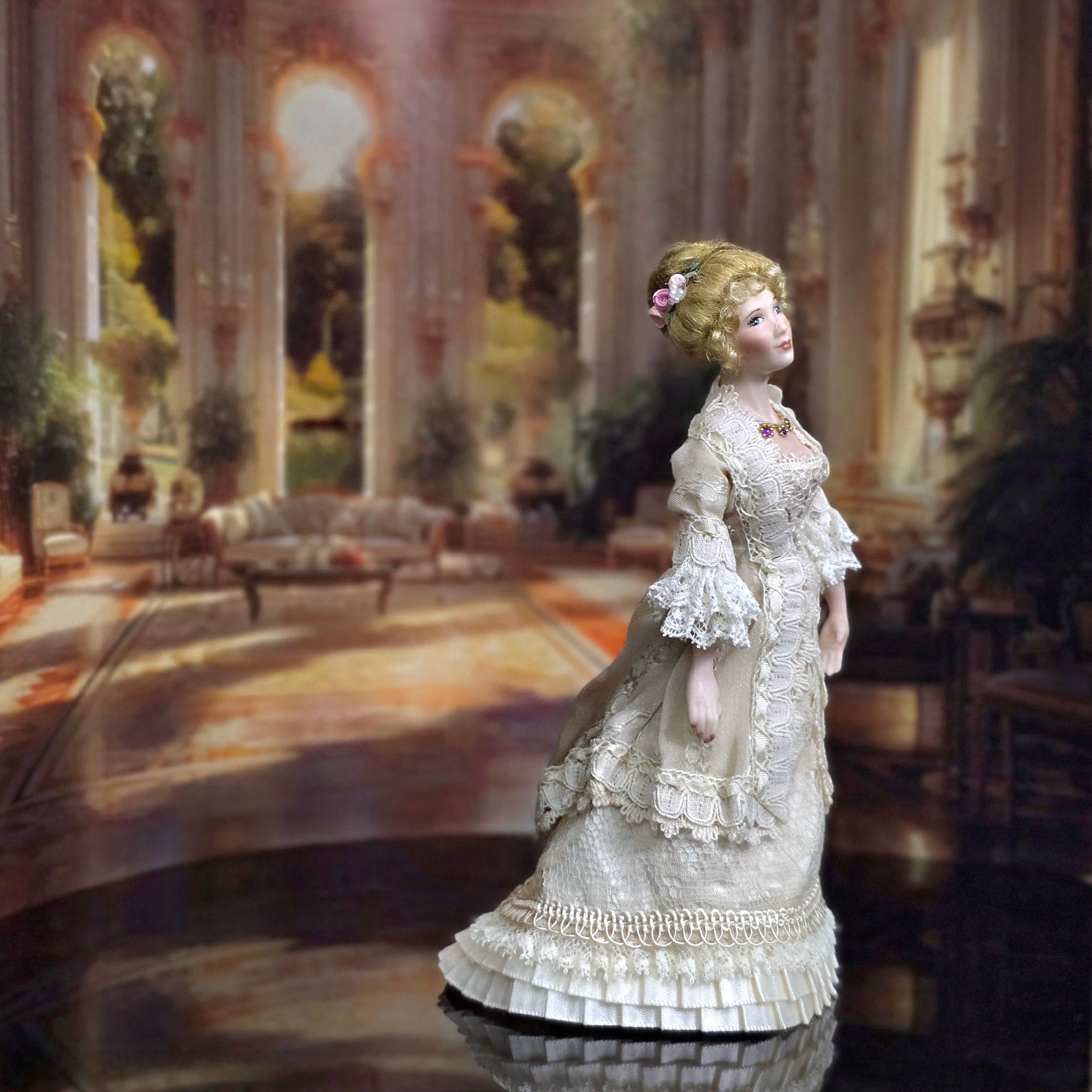 Loretta Kasza Blonde Victorian Lady Doll in Ivory Silk & Lace Gown Doll