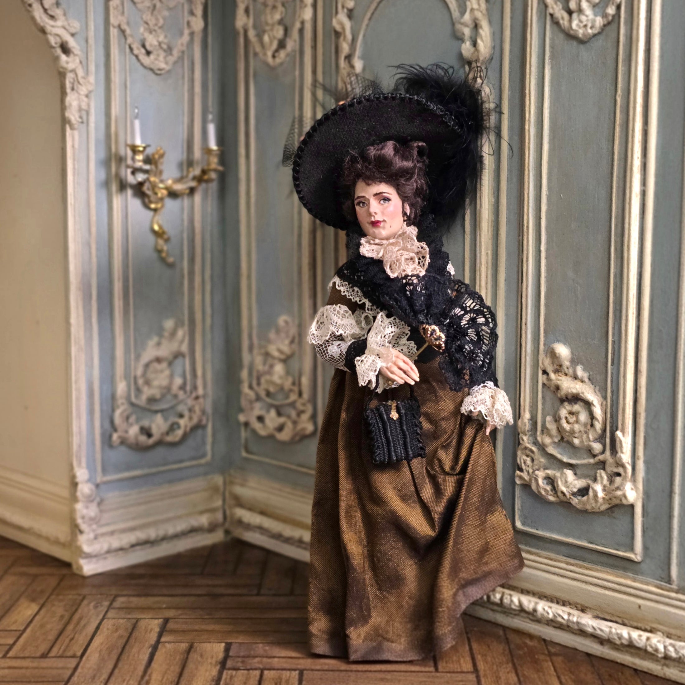 Marcia Backstrom Beguiling Gibson Girl Victorian Dark Haired Lady with Fan Dollhouse Doll