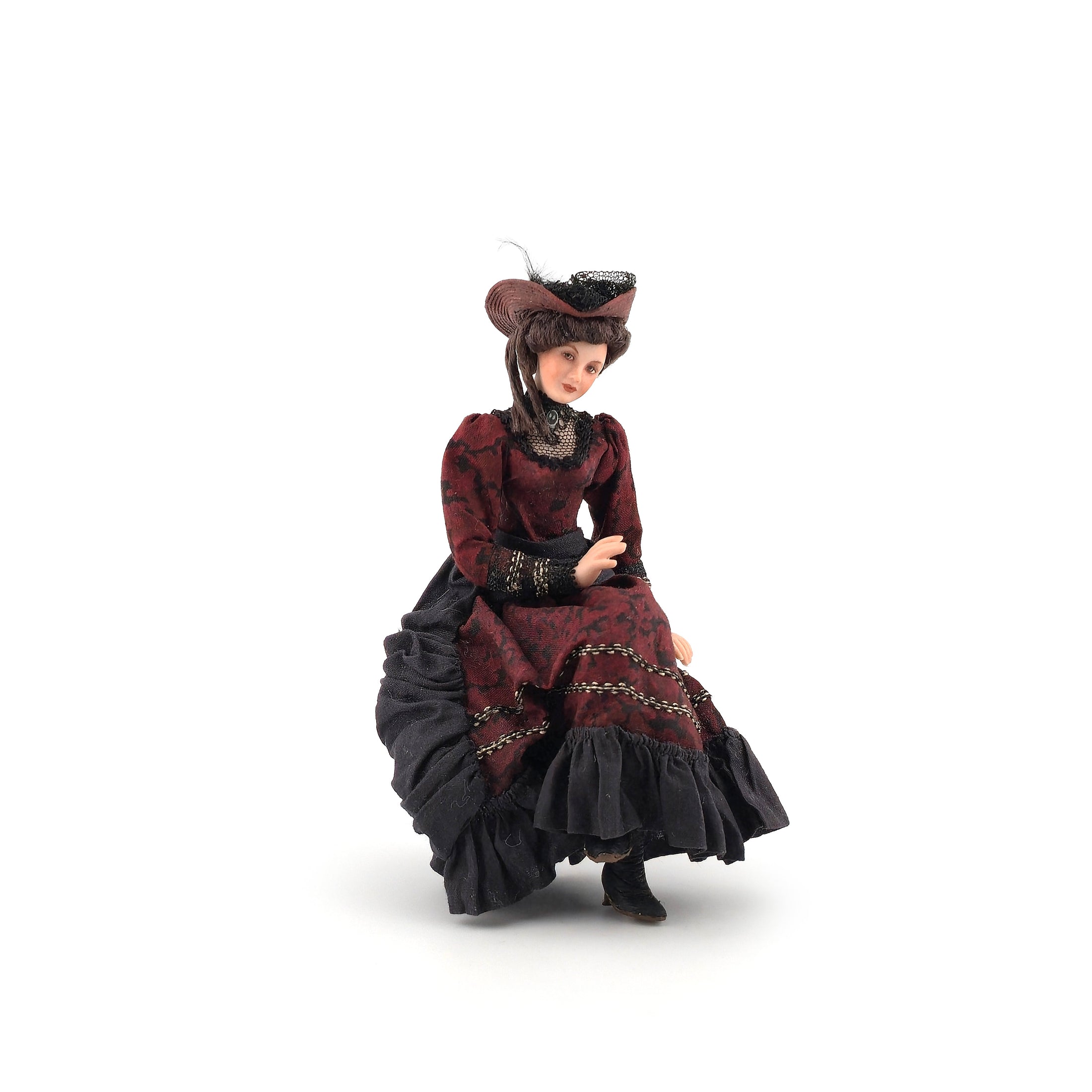 Brunette Porcelain Victorian Lady Dollhouse Doll in Burgundy Silk Dress, Poseable
