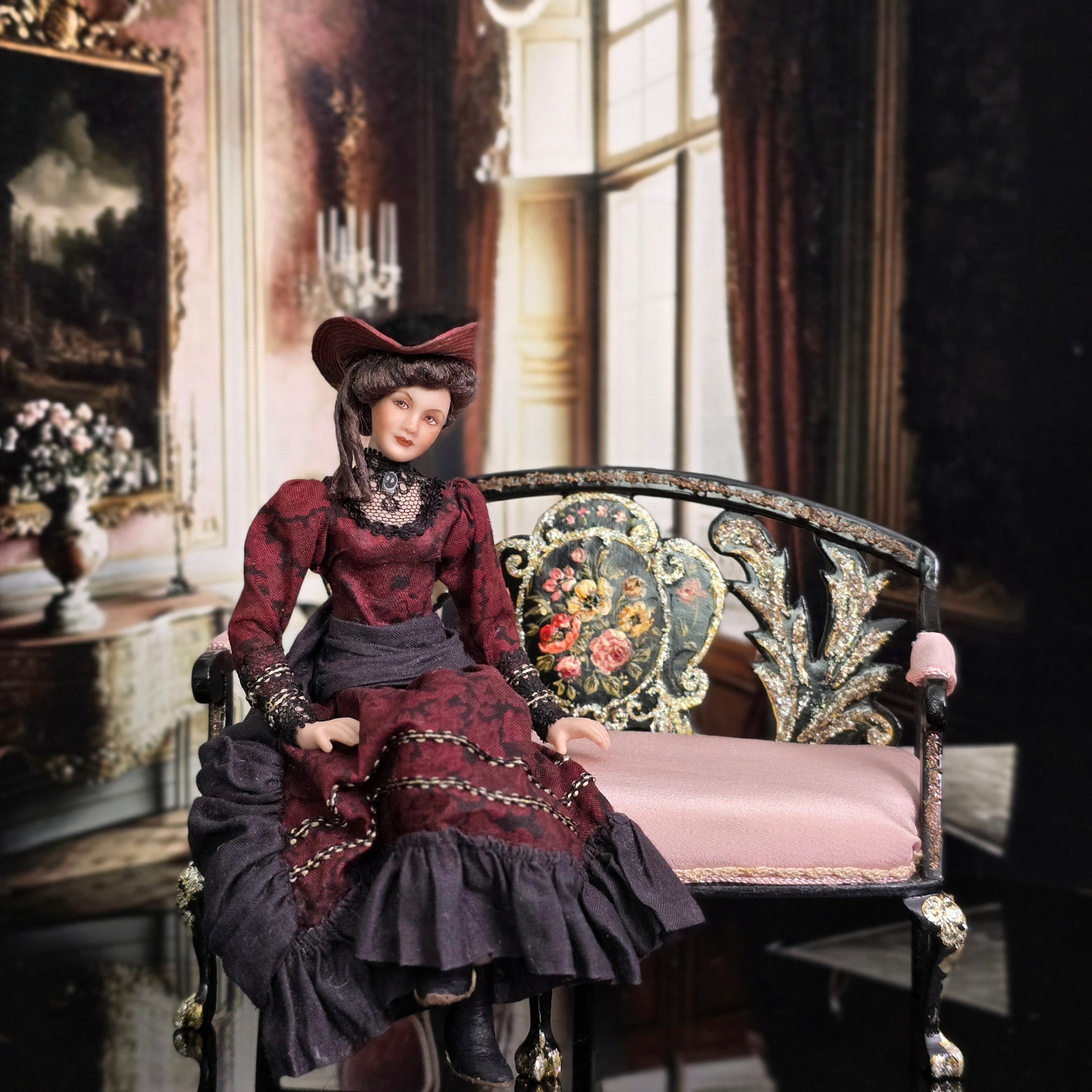 Brunette Porcelain Victorian Lady Dollhouse Doll in Burgundy Silk Dress, Poseable