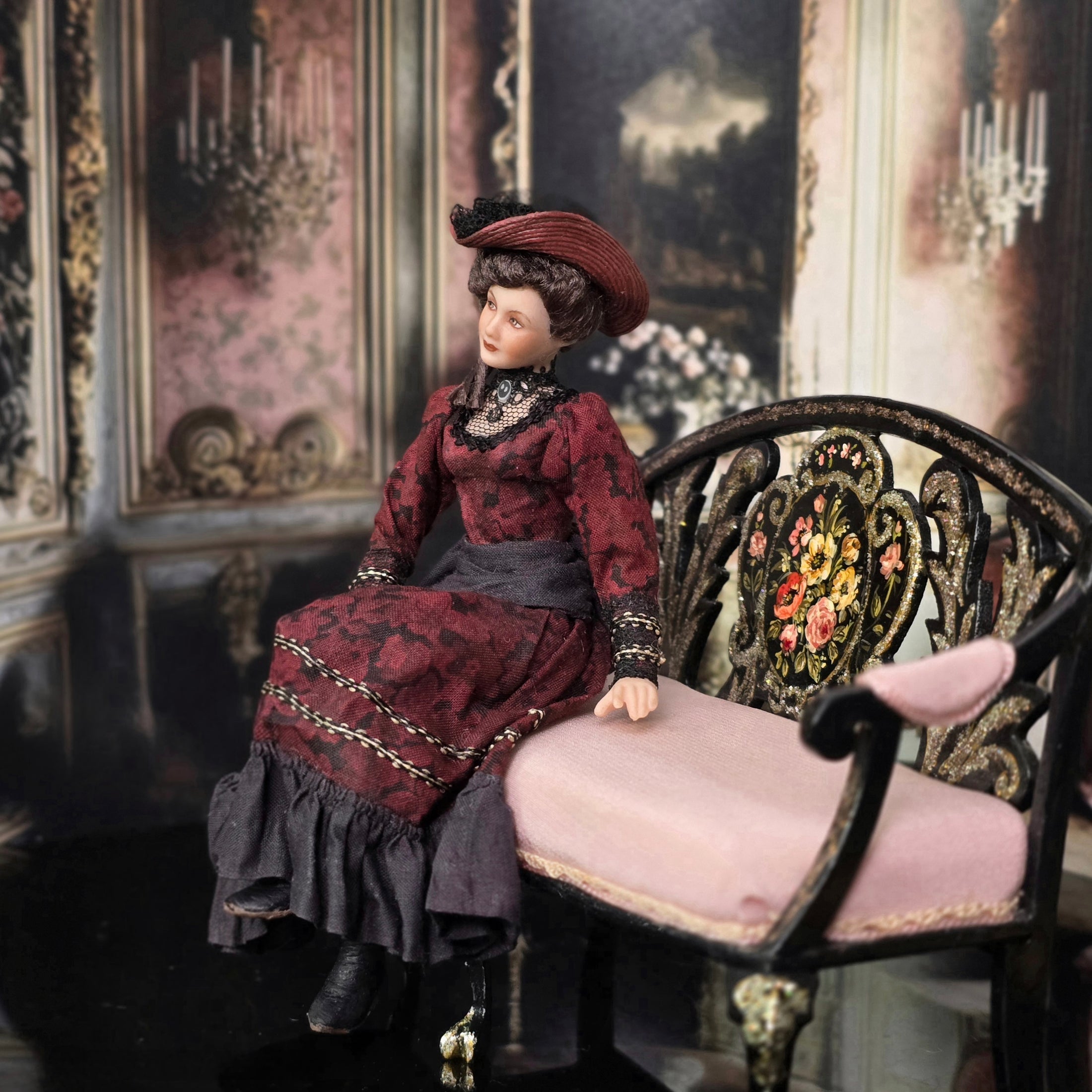 Brunette Porcelain Victorian Lady Dollhouse Doll in Burgundy Silk Dress, Poseable