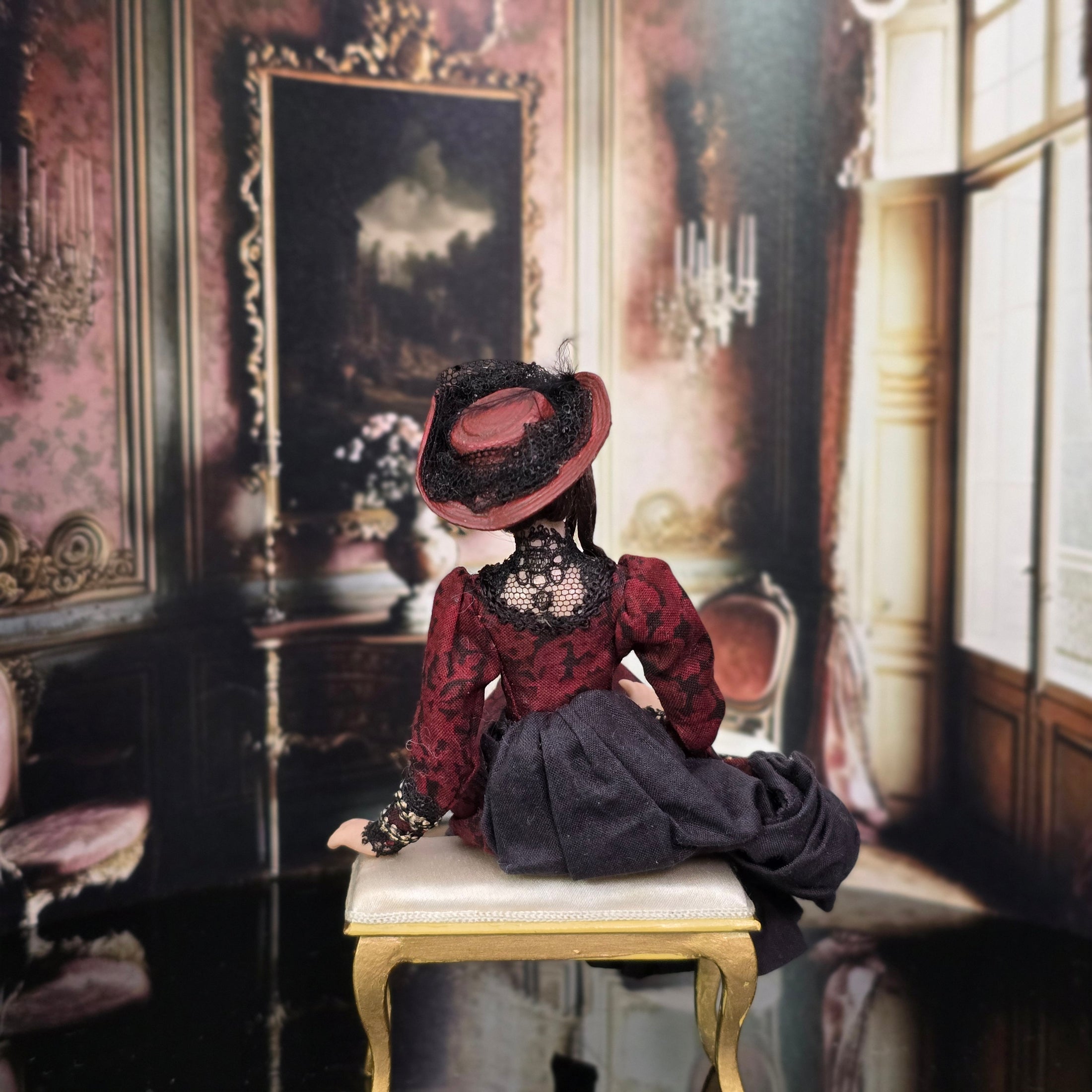 Brunette Porcelain Victorian Lady Dollhouse Doll in Burgundy Silk Dress, Poseable