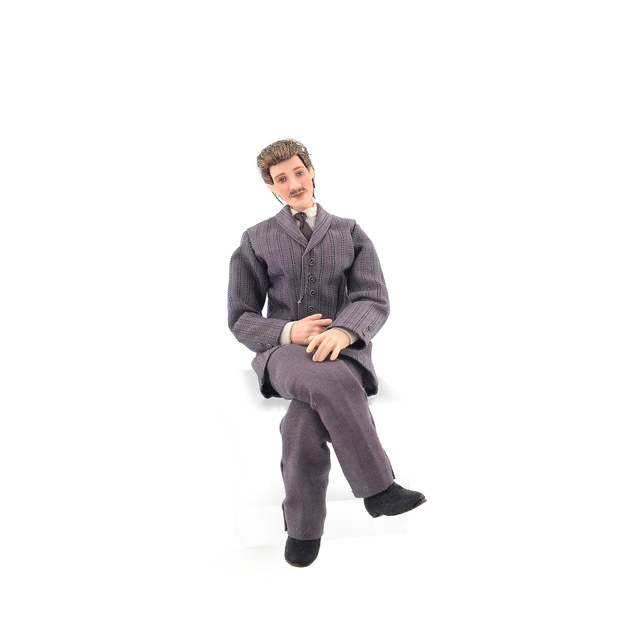 Handsome Fashionable Gentleman Man Dollhouse Doll in Gray Suit, Poseable