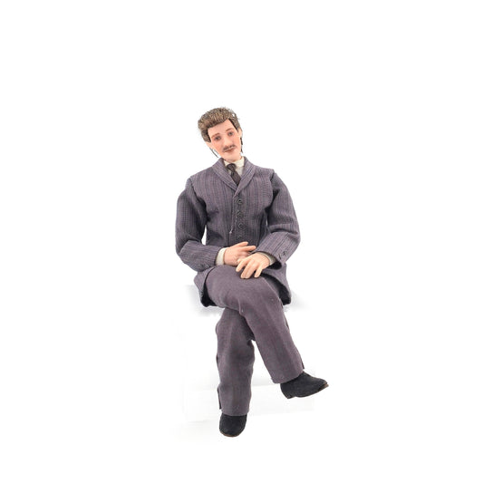 Handsome Fashionable Gentleman Man Dollhouse Doll in Gray Suit, Poseable