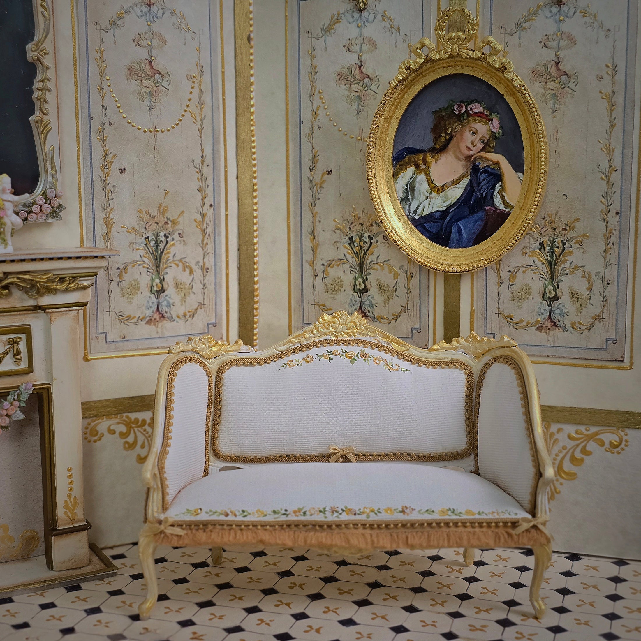 Aurearte Spain Hand Painted Louis XV Rococo Canapé Sofa with Silk Fringe
