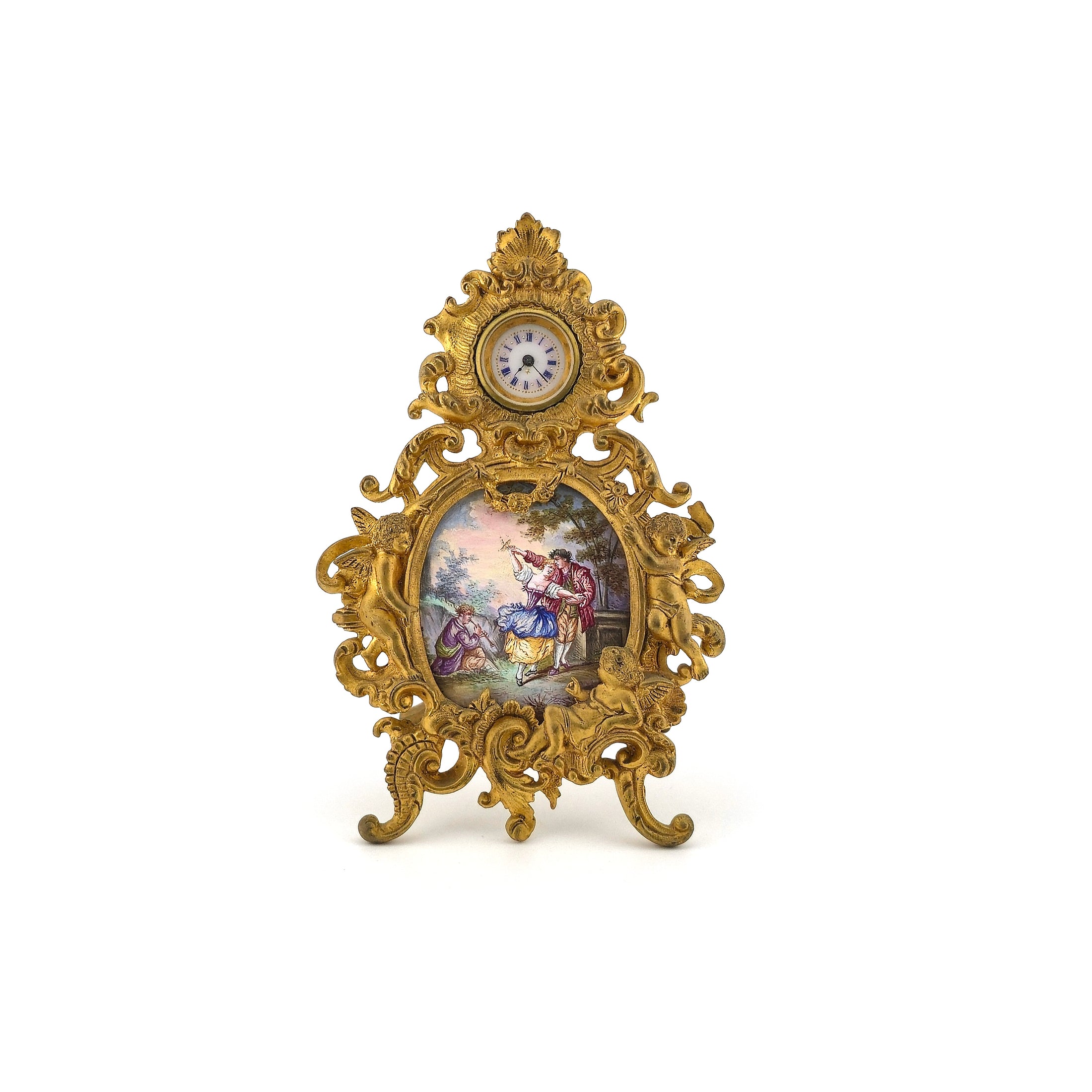 Antique Austrian Working Viennese Rococo Bronze Enamel Miniature Clock