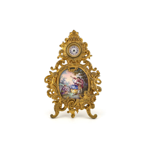 Antique Austrian Working Viennese Rococo Bronze Enamel Miniature Clock