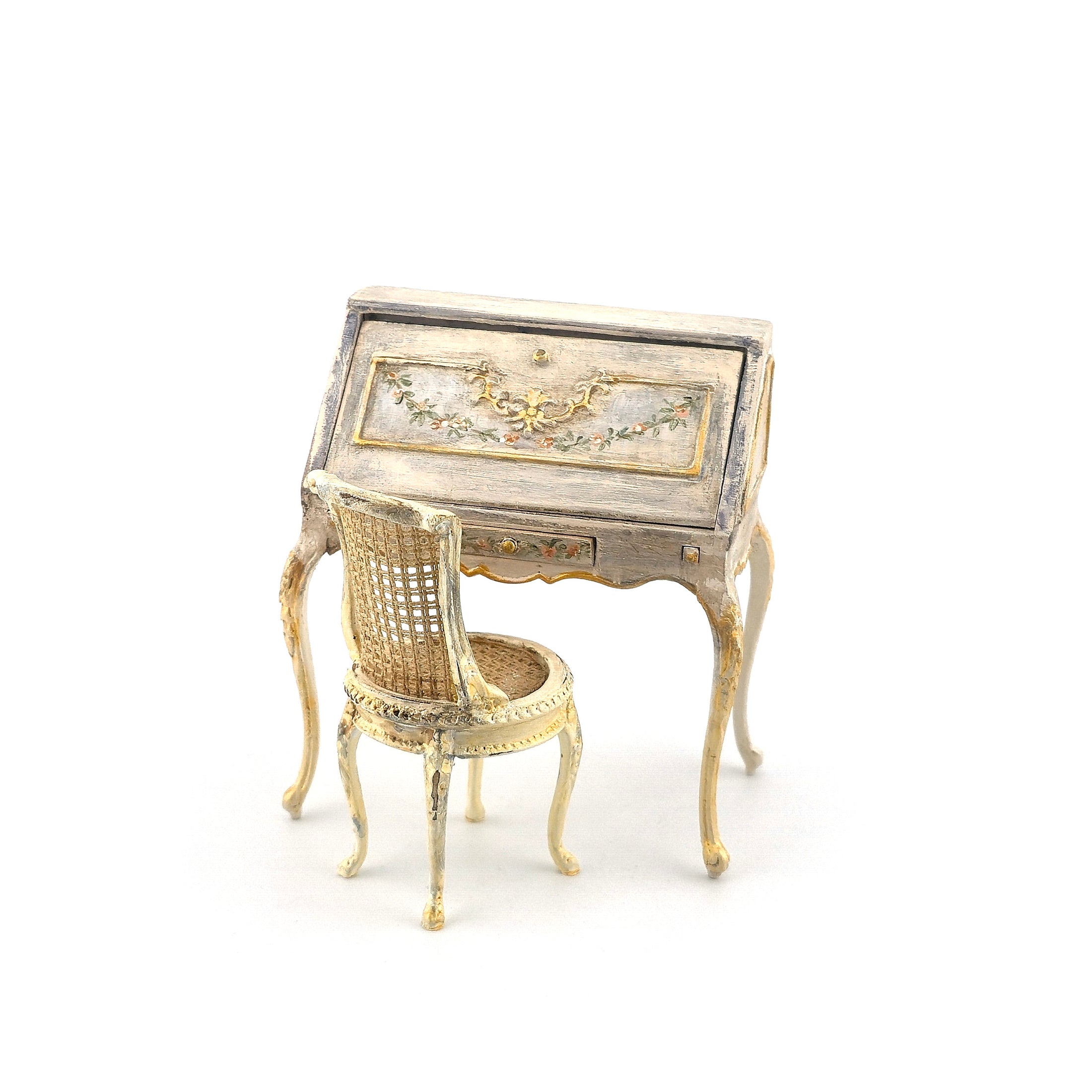 Aurearte Hand Painted Louis XV Ladies' Writing Desk & Chair Set Dollhouse Miniature