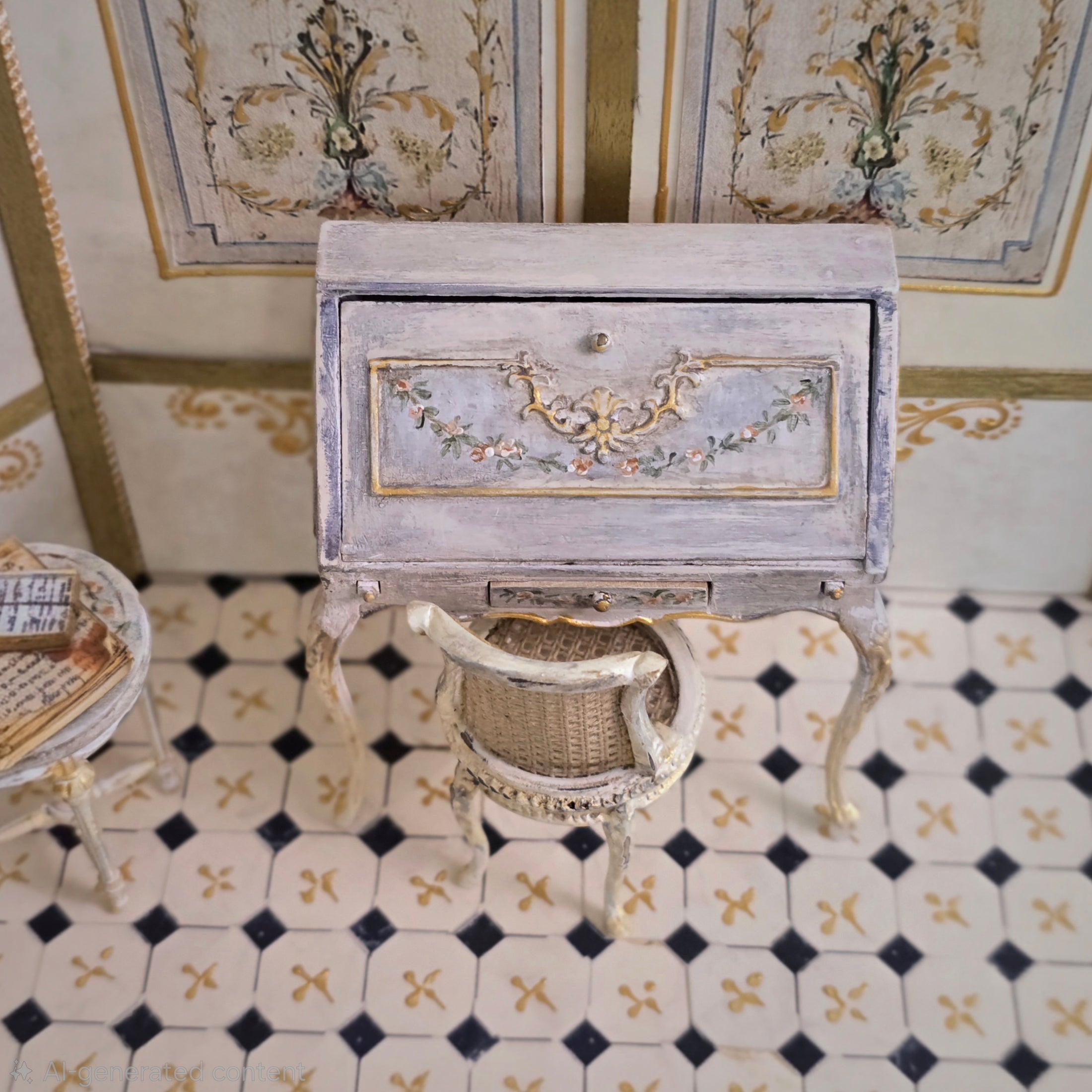 Aurearte Hand Painted Louis XV Ladies' Writing Desk & Chair Set Dollhouse Miniature