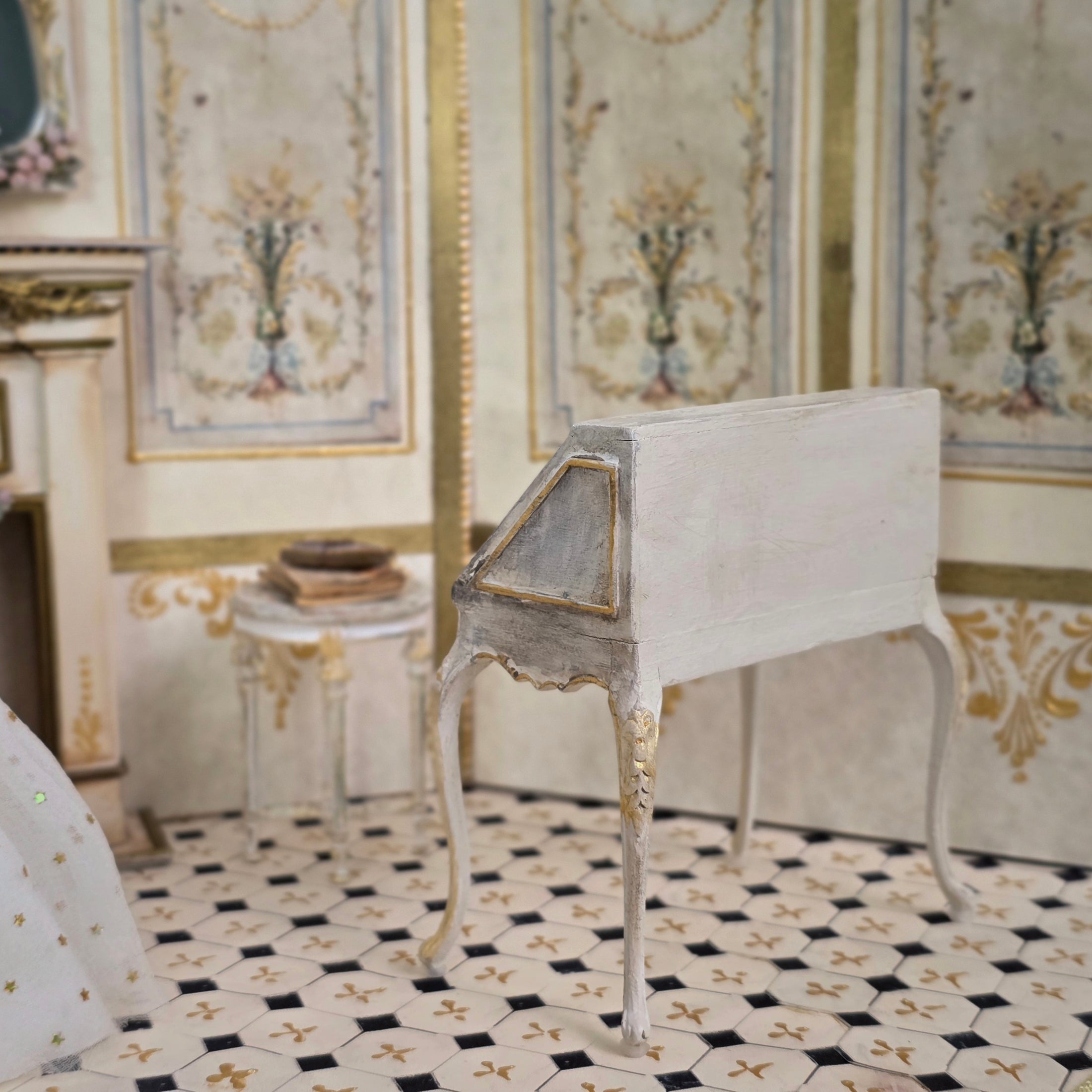 Aurearte Hand Painted Louis XV Ladies' Writing Desk & Chair Set Dollhouse Miniature