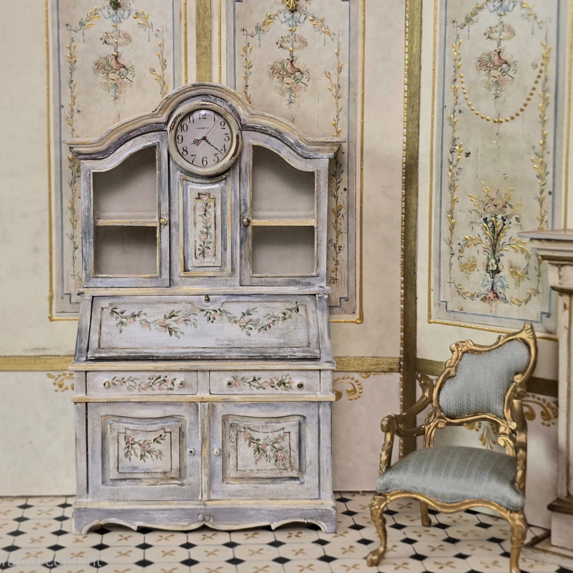 Aurearte Swedish Gustavian Clock Secretary Cabinet Dollhouse Miniature