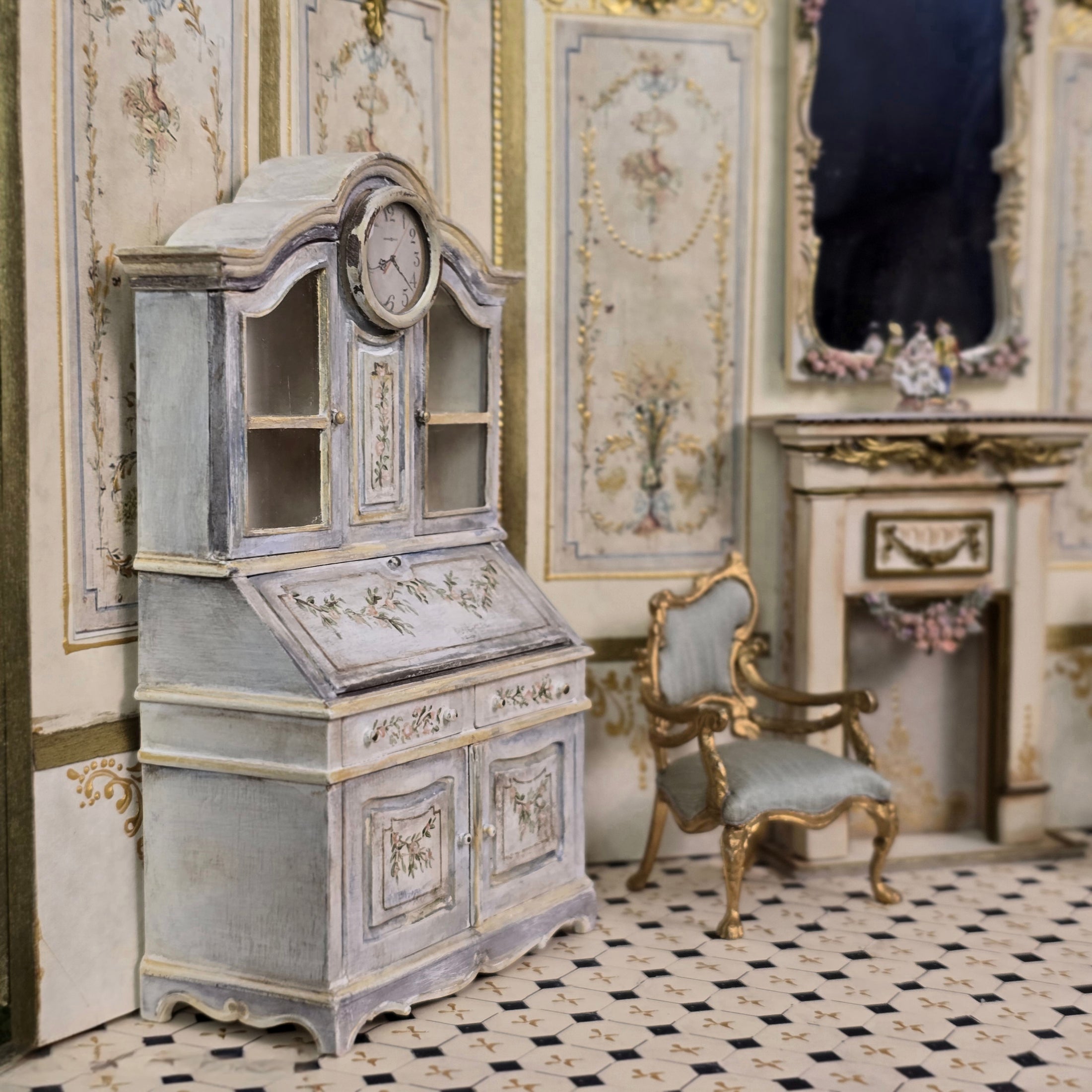Aurearte Swedish Gustavian Clock Secretary Cabinet Dollhouse Miniature