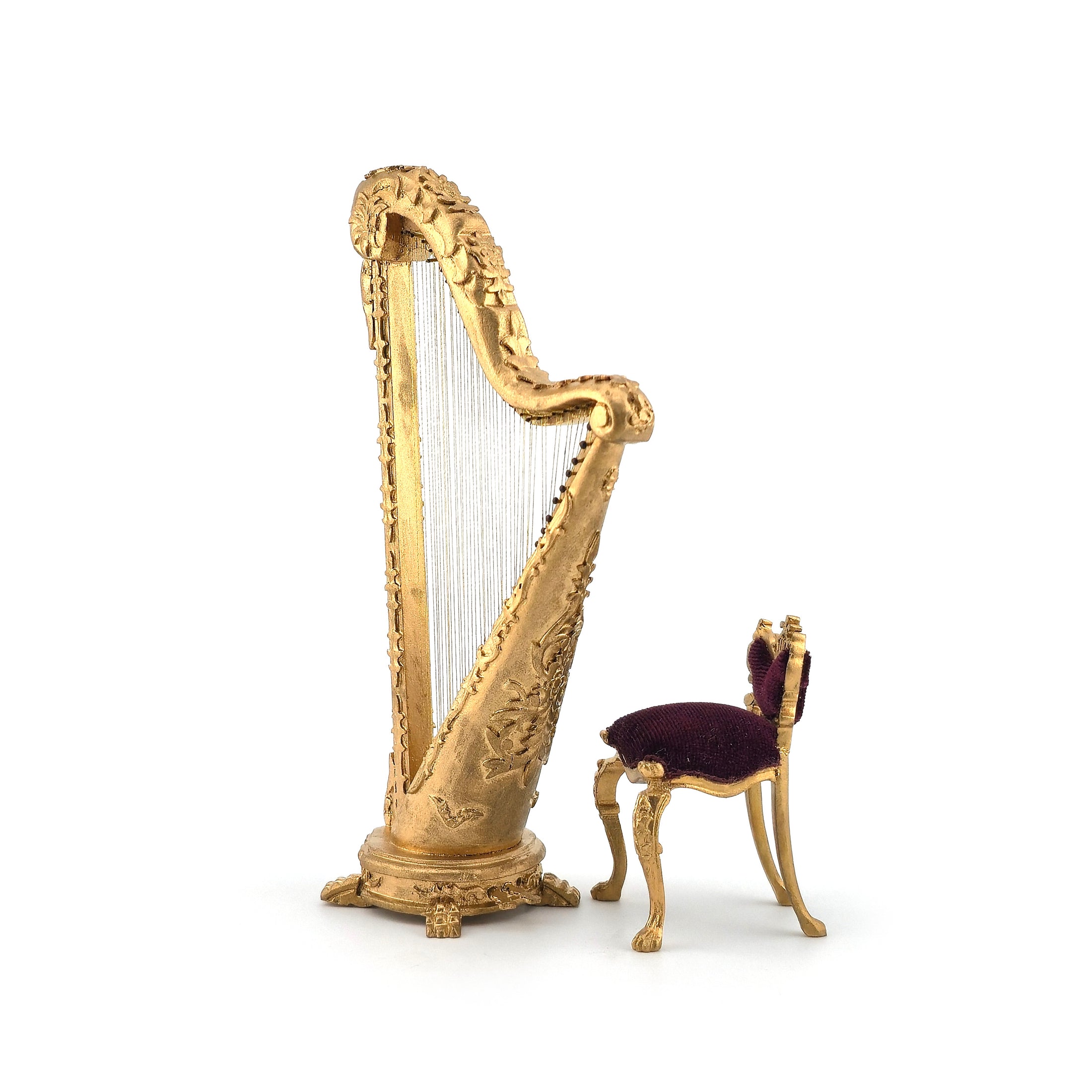 Vintage Bespaq Gold Concert Harp & Velvet Upholstered Chair Set 1:12