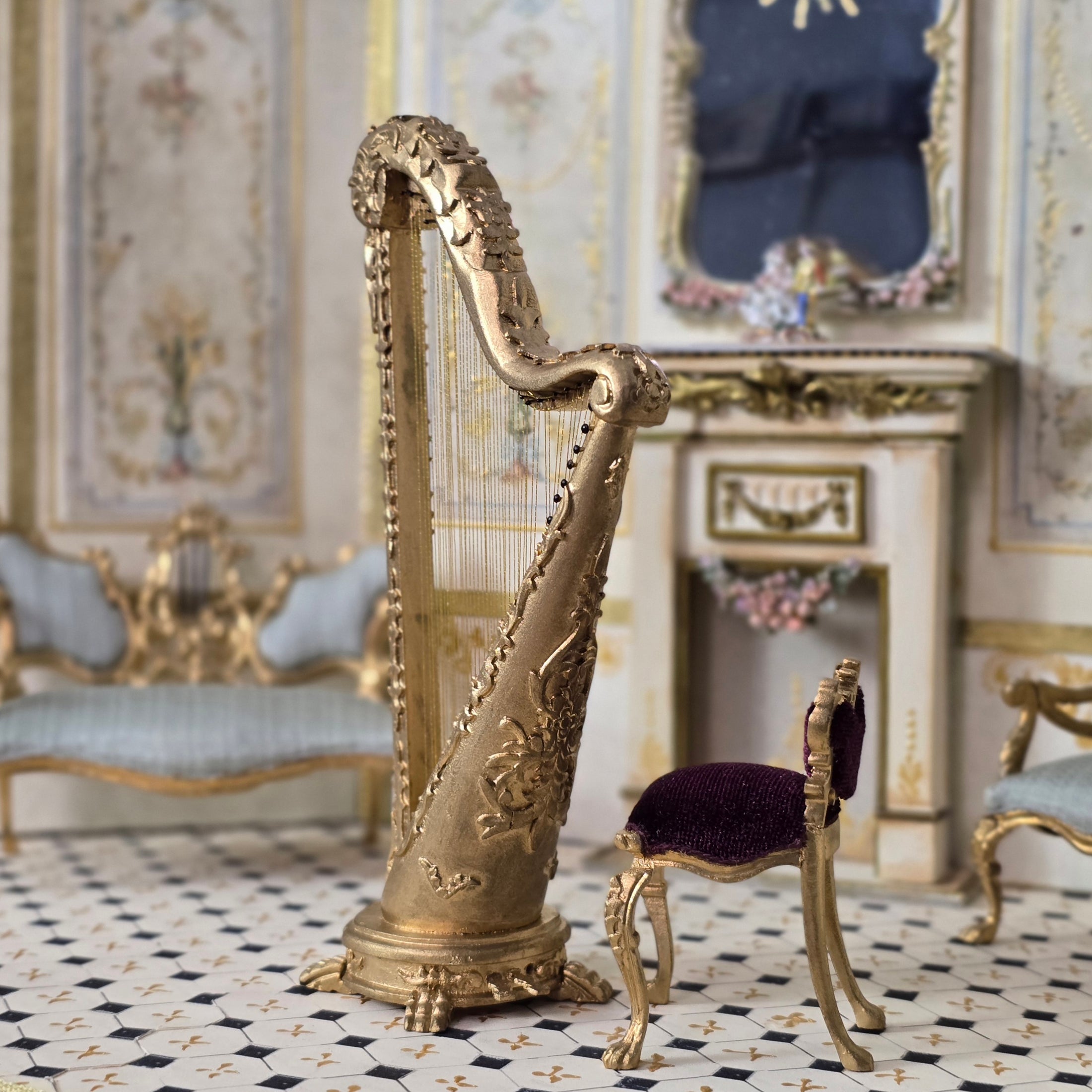 Vintage Bespaq Gold Concert Harp & Velvet Upholstered Chair Set 1:12