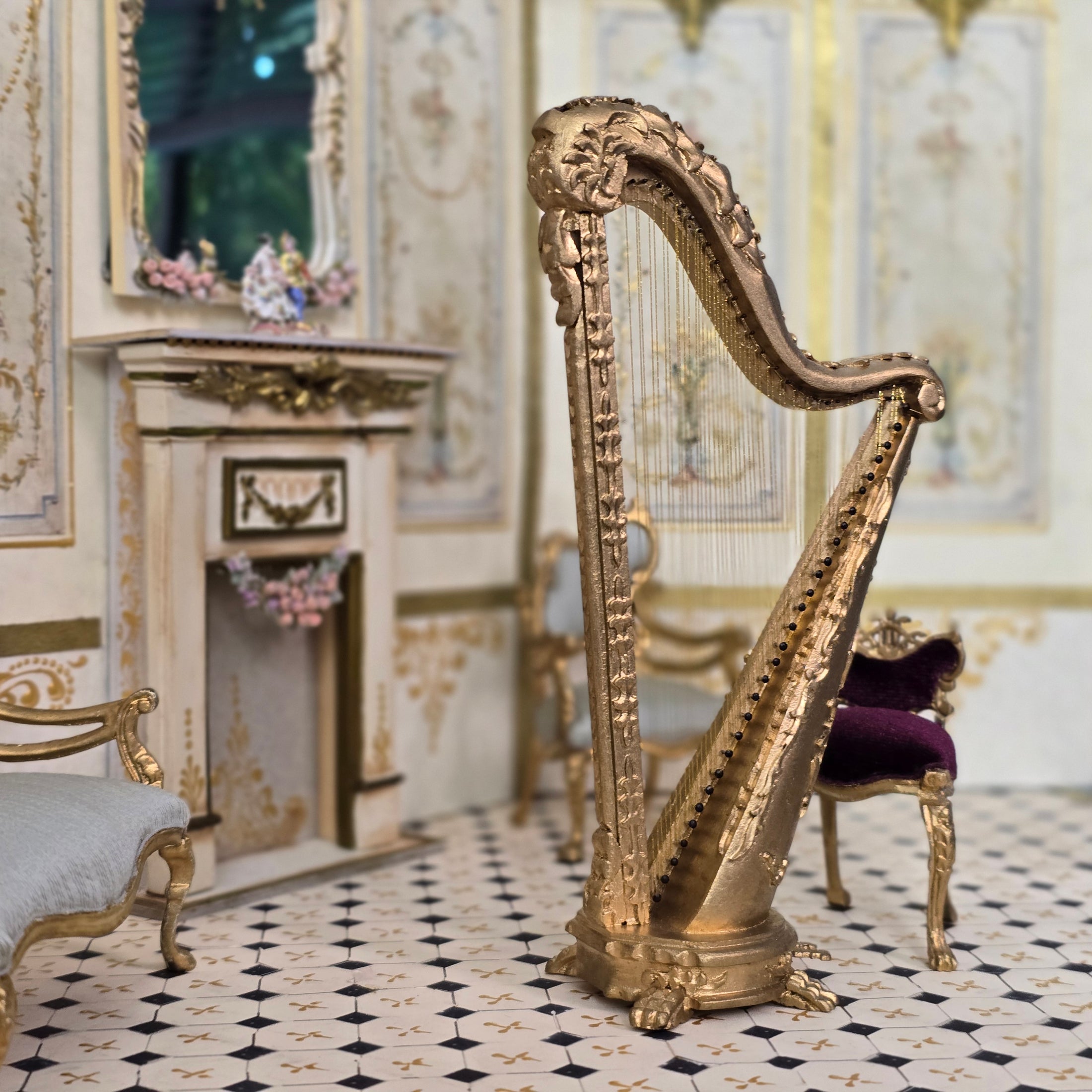 Vintage Bespaq Gold Concert Harp & Velvet Upholstered Chair Set 1:12