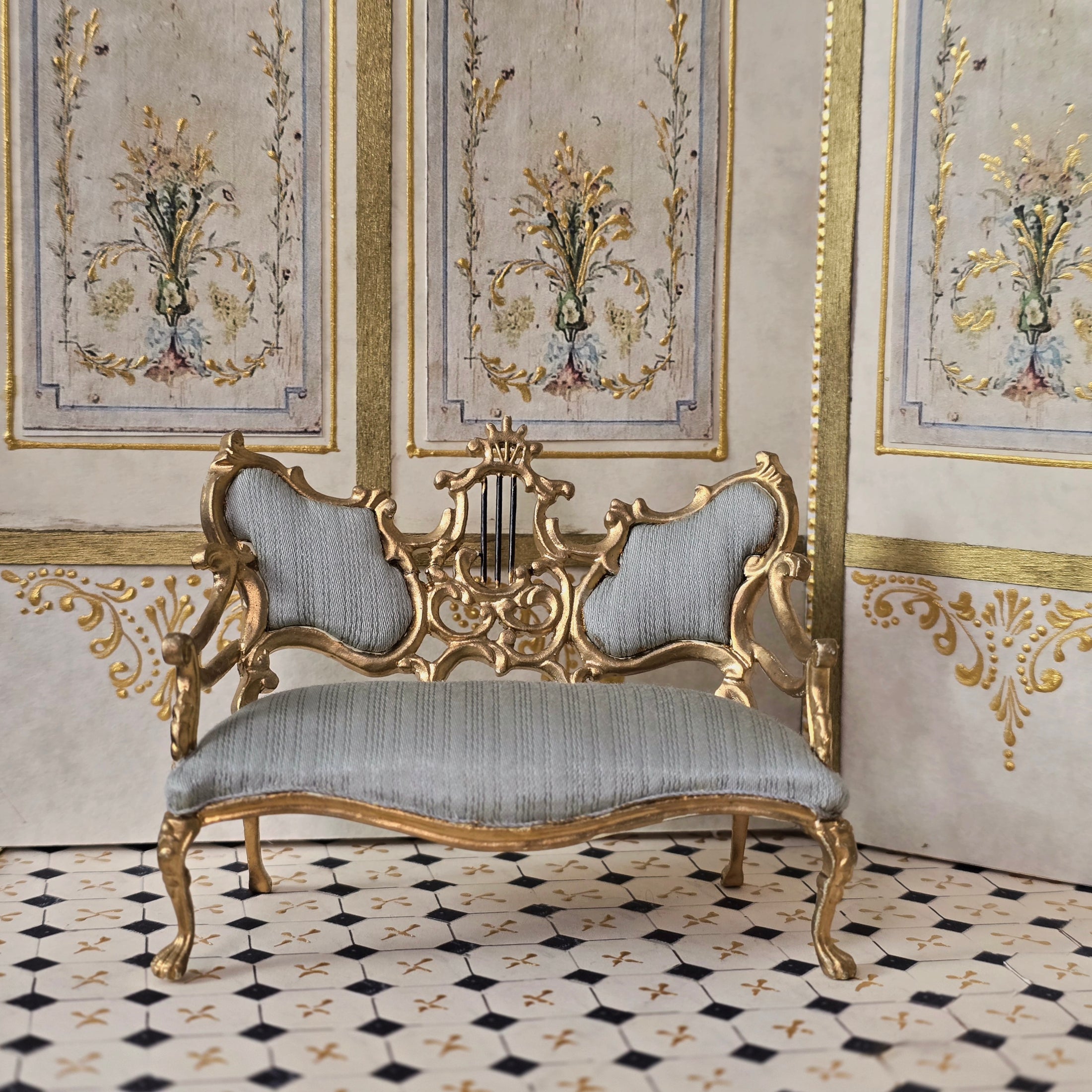 Vintage Bespaq Lyre Music Room Sofa & Chair Set Dollhouse Miniature 1:12 Gold