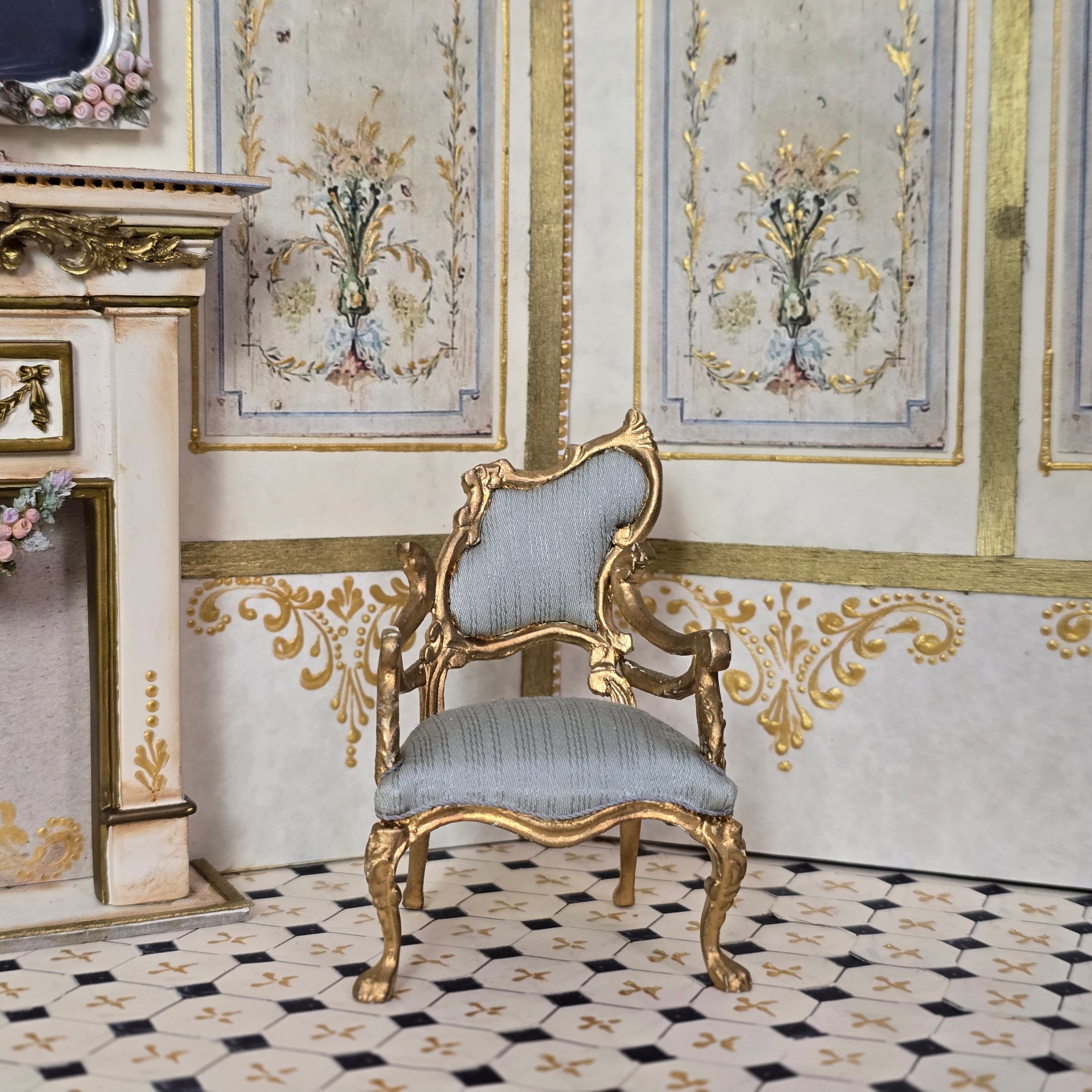 Vintage Bespaq Lyre Music Room Sofa & Chair Set Dollhouse Miniature 1:12 Gold