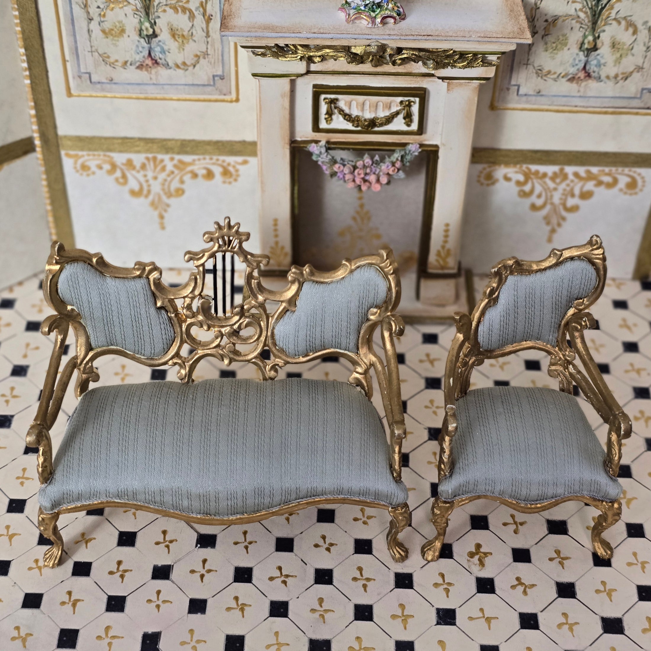 Vintage Bespaq Lyre Music Room Sofa & Chair Set Dollhouse Miniature 1:12 Gold