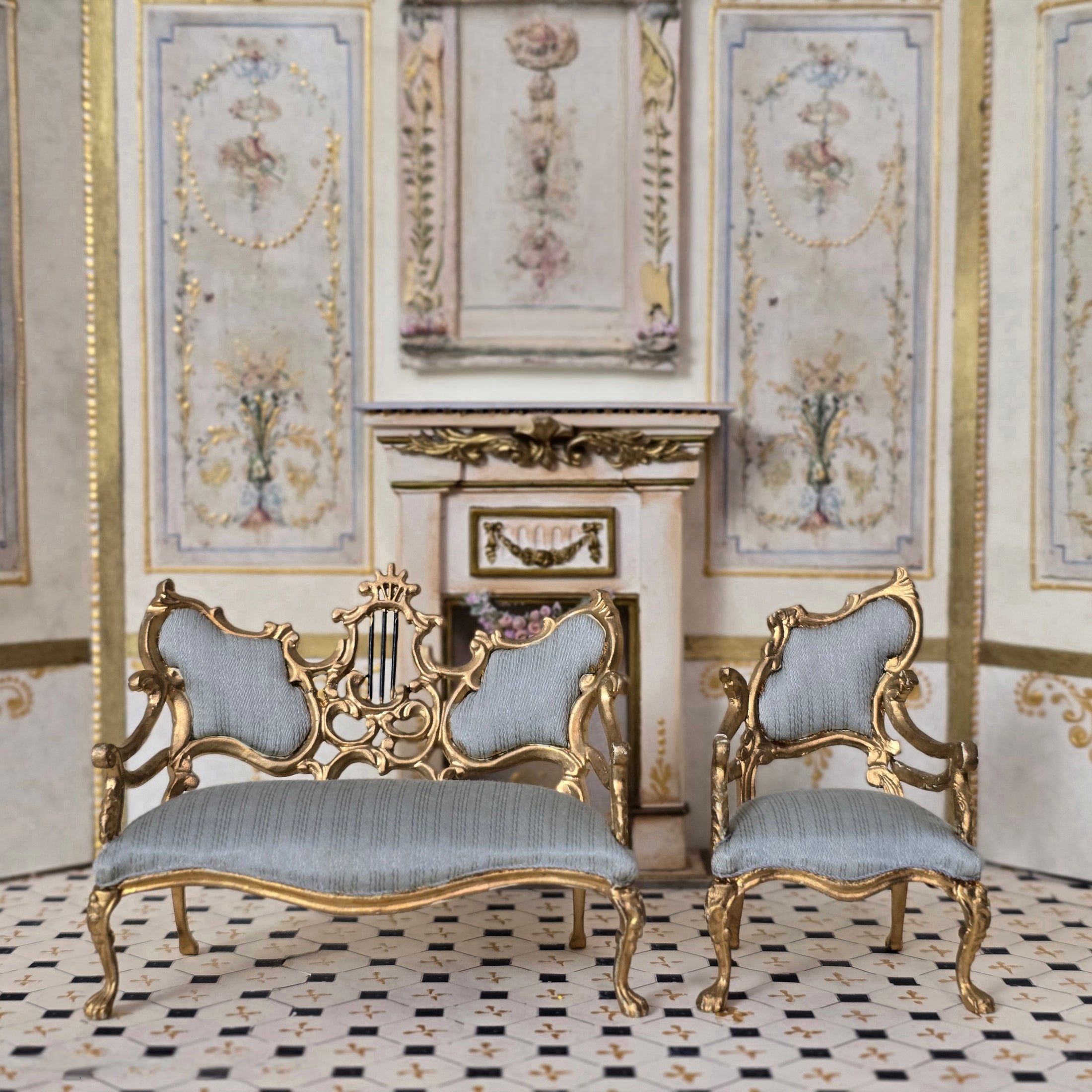 Vintage Bespaq Lyre Music Room Sofa & Chair Set Dollhouse Miniature 1:12 Gold