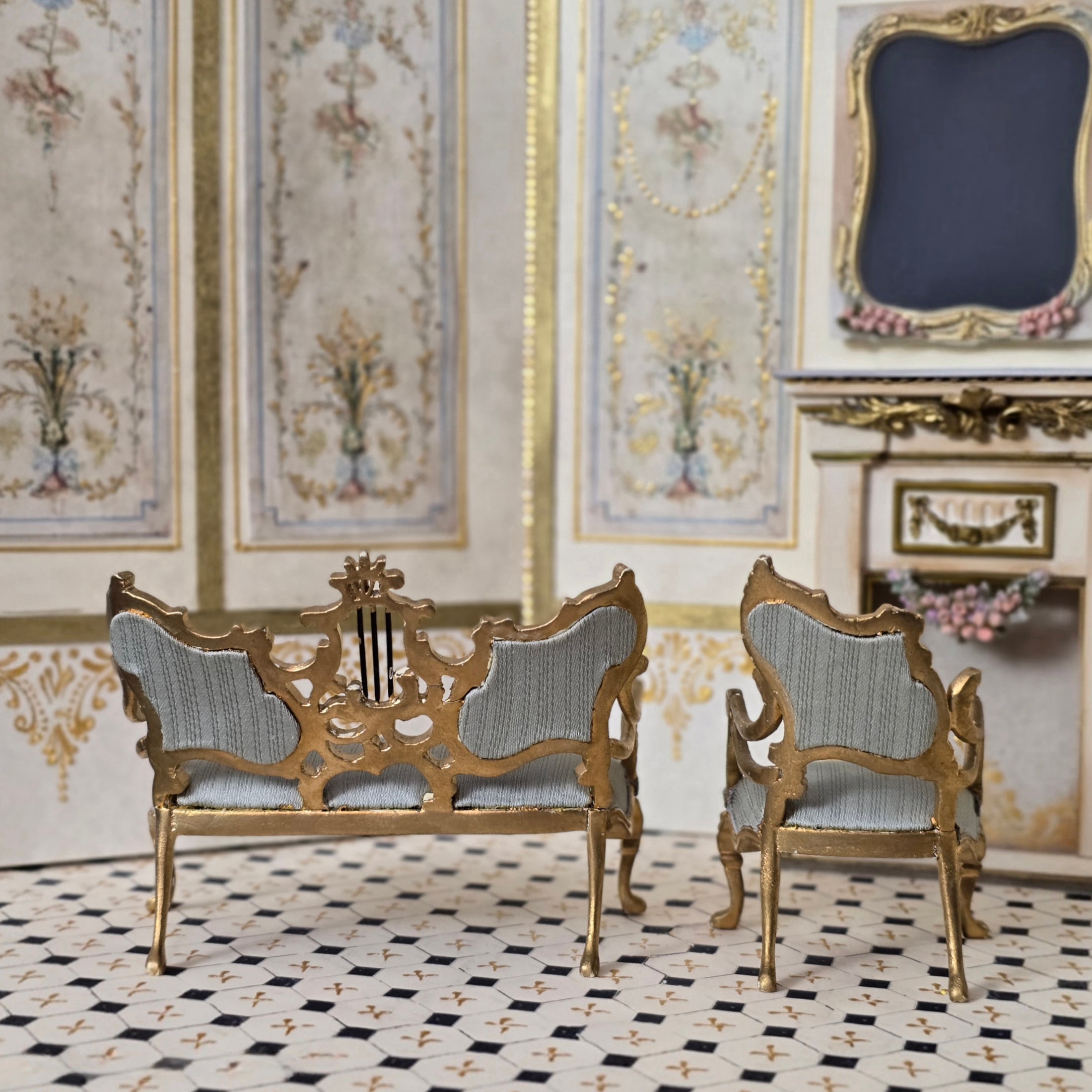 Vintage Bespaq Lyre Music Room Sofa & Chair Set Dollhouse Miniature 1:12 Gold