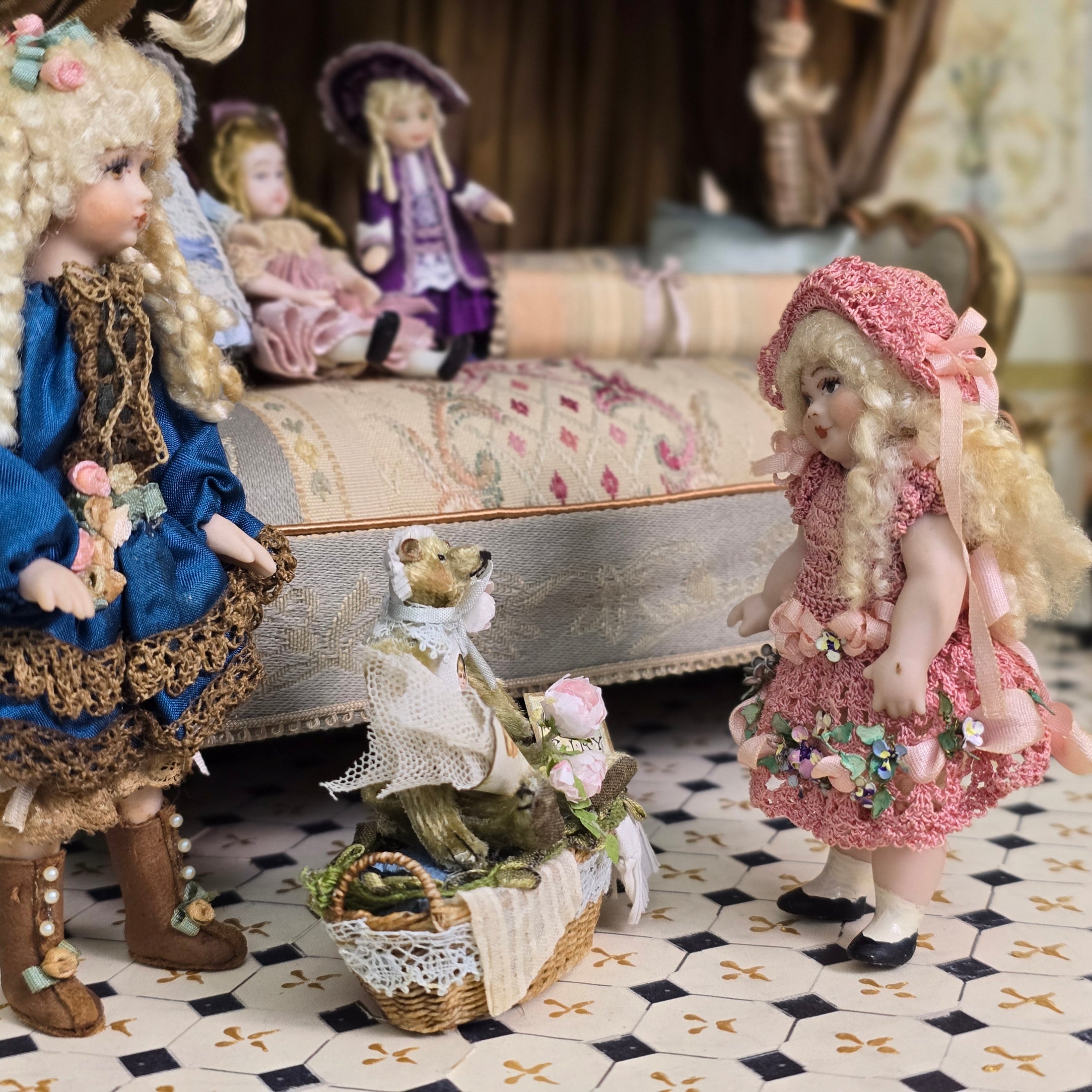 Tina Richardson Blonde Porcelain Little Girl Doll in Floral Pink Crochet Dress