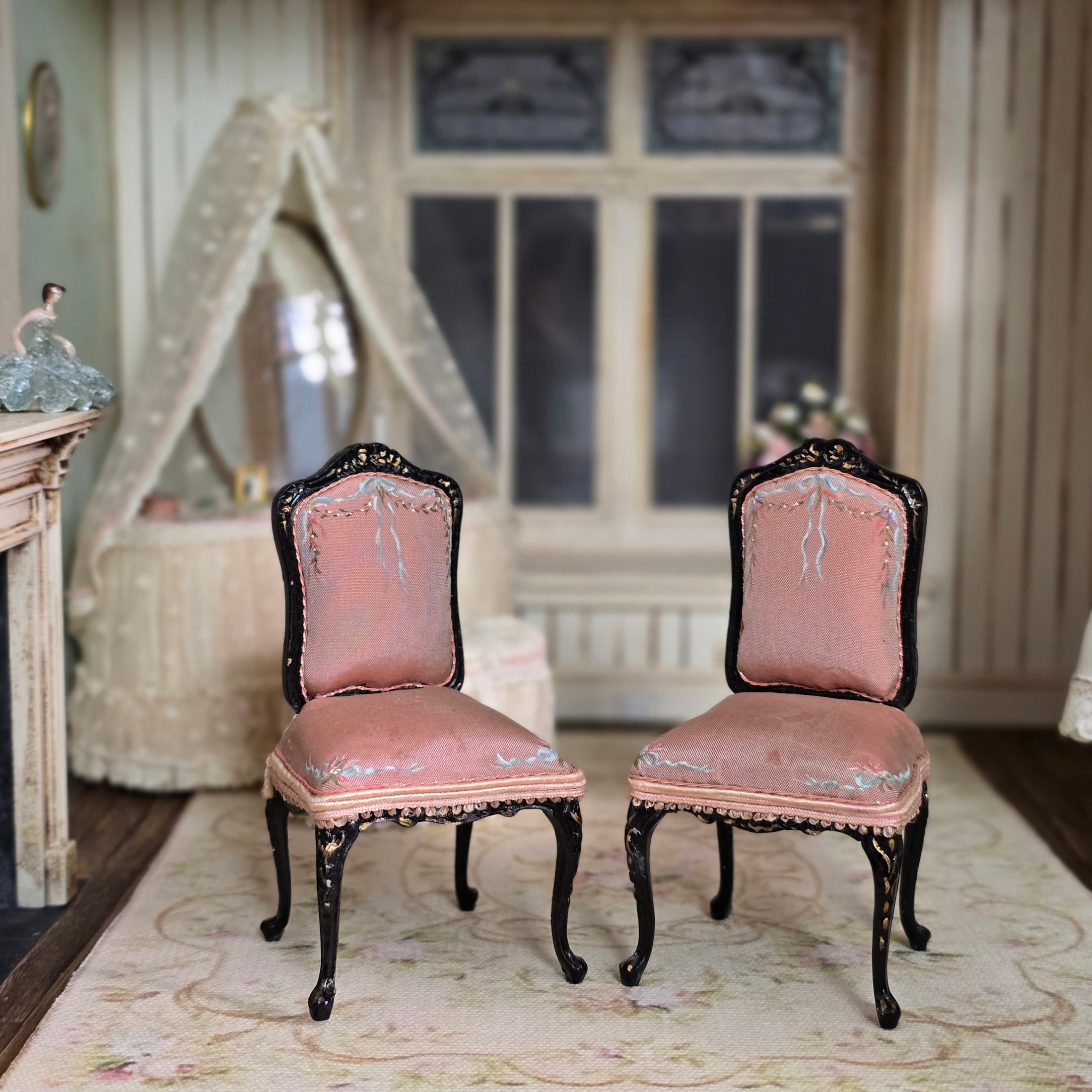 Bluette Maloney Hand Carved Pair Painted Silk Pink Upholstered Dining Chairs