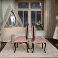 Load image into Gallery viewer, Bluette Maloney Hand Carved Pair Painted Silk Pink Upholstered Dining Chairs
